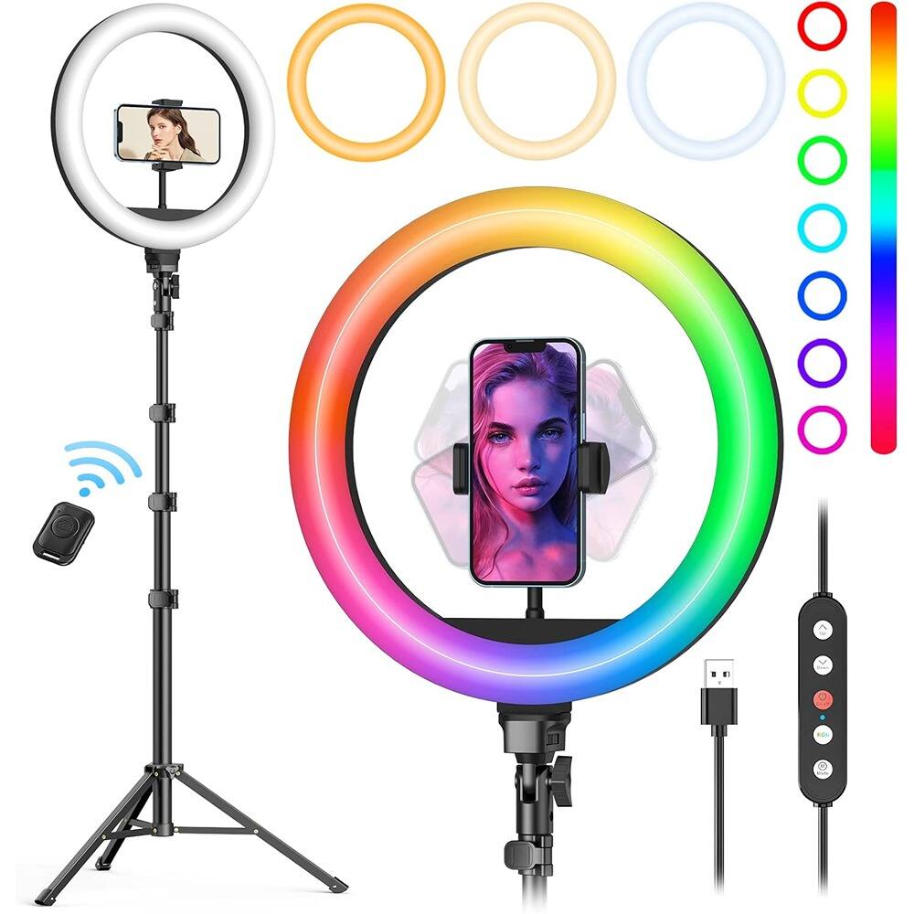 Front. PARKER SLATER - 10" ring light with 72" tripod, phone holder, 38 color modes, and stepless dimmable LED for streaming and makeup..