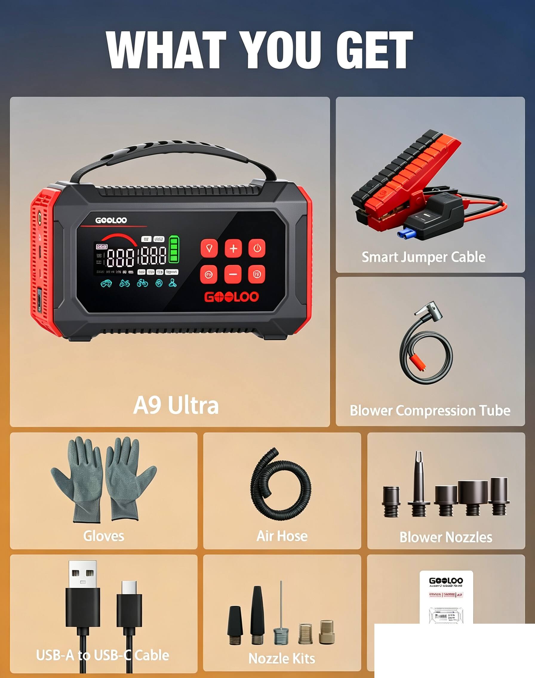 WHAT YOU GET

GOOLOO
200
a 4g
OZ 553 888 Lark 23 50 tryvert
!
+ -
Smart Jumper Cable
GOOLOO
A9 Ultra
Blower Compression Tube
Gloves
Air Hose
Blower Nozzles
GOOLOO - ORDER BADE
DESIGNAL - " 1
and
USB-A to USB-C Cable
Nozzle Kits