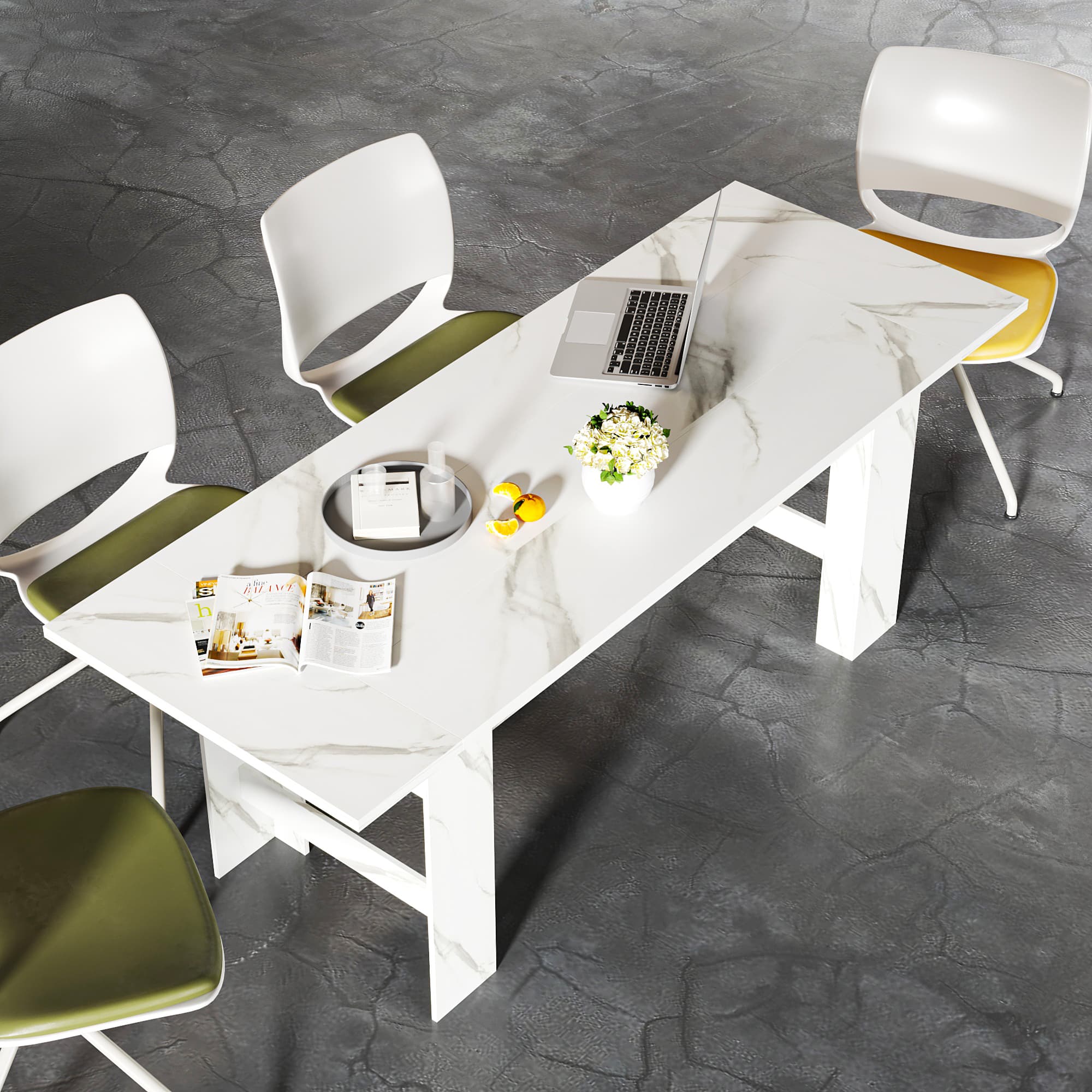 FUFU & GAGA - Extendable Multifunctional Table with Press-to-Expand Design, Convertible Dining and Work Desk with Faux Stone Top - Marble White