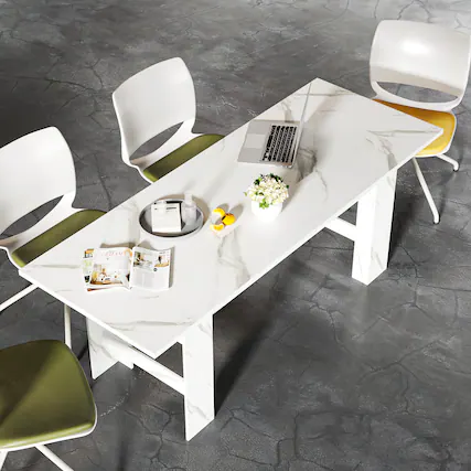 Front. FUFU & GAGA - Extendable Multifunctional Table with Press-to-Expand Design, Convertible Dining and Work Desk with Faux Stone Top - Marble White.
