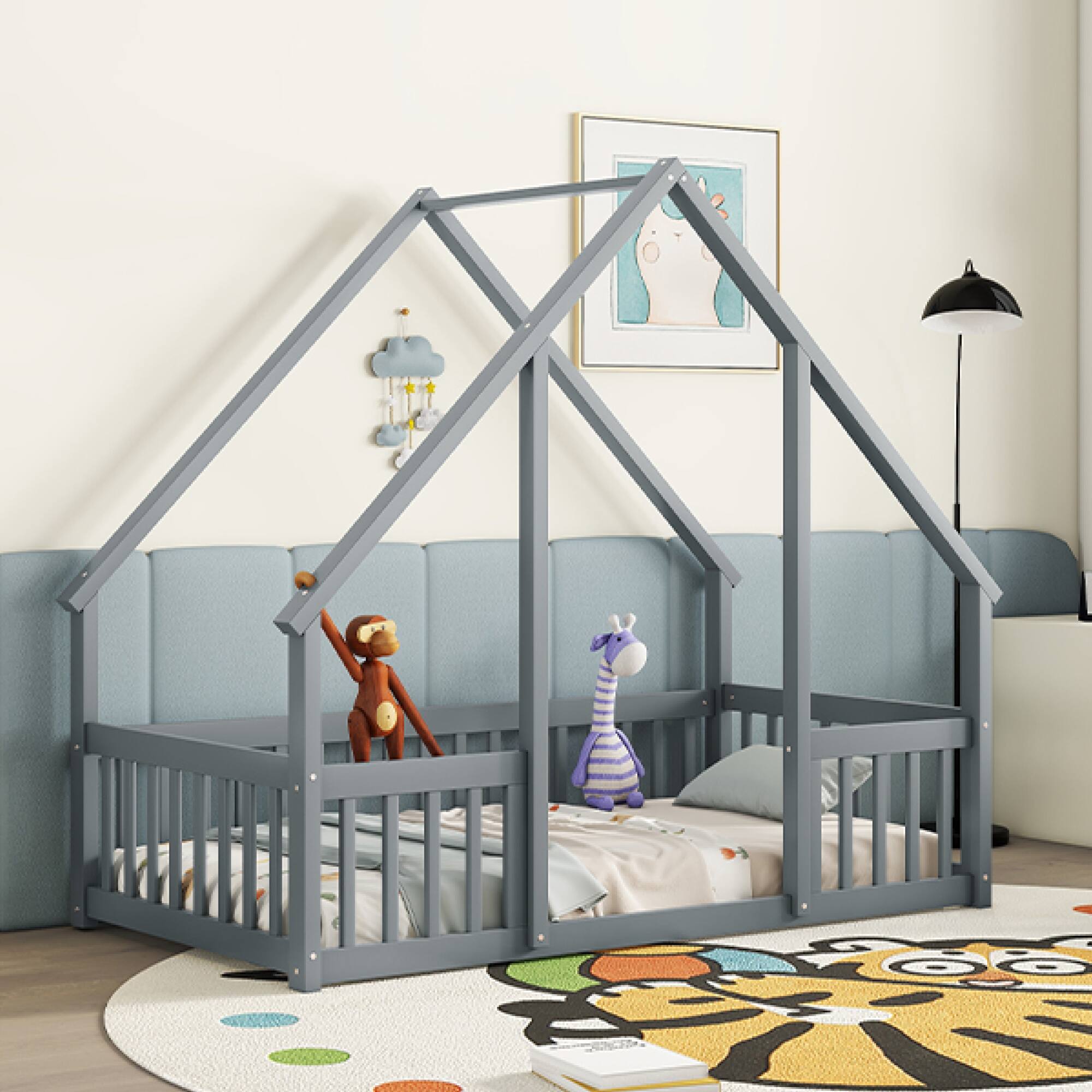 Alt View 10. GOODSILO - House-Shaped Twin Floor Bed with Safety Fence and Guardrails for Children's Playful Sleep Space - Grey.