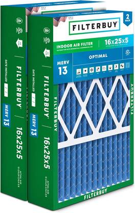 Filterbuy - 16x25x5 MERV 13 Smoke & Allergy Defense, Pleated HVAC AC Furnace Air Filters Replacement for Honeywell & Lennox (2-Pack) - Blue
