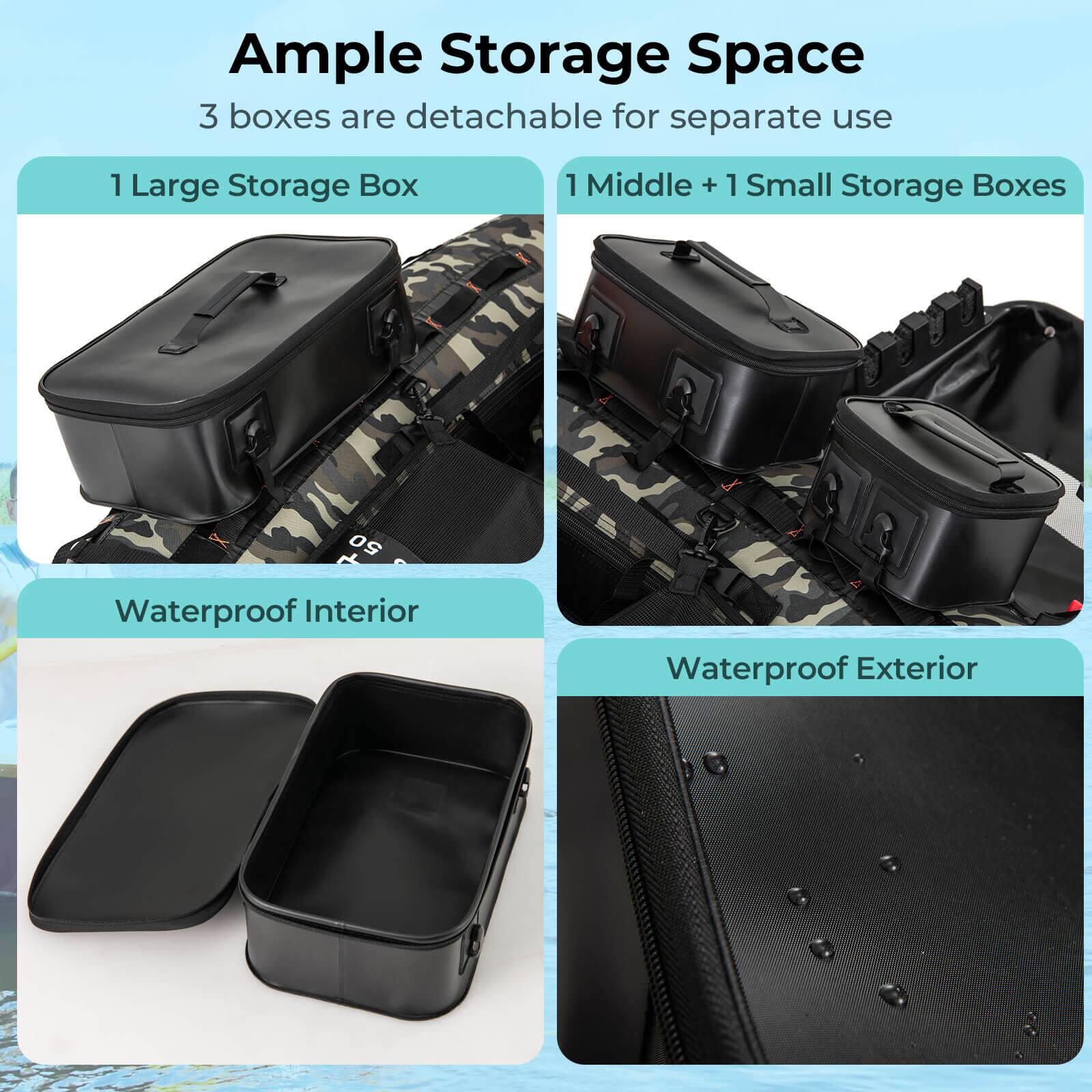 Ample Storage Space  
3 boxes are detachable for separate use  
1 Large Storage Box  
1 Middle + 1 Small Storage Boxes  

Waterproof Interior  
Waterproof Exterior