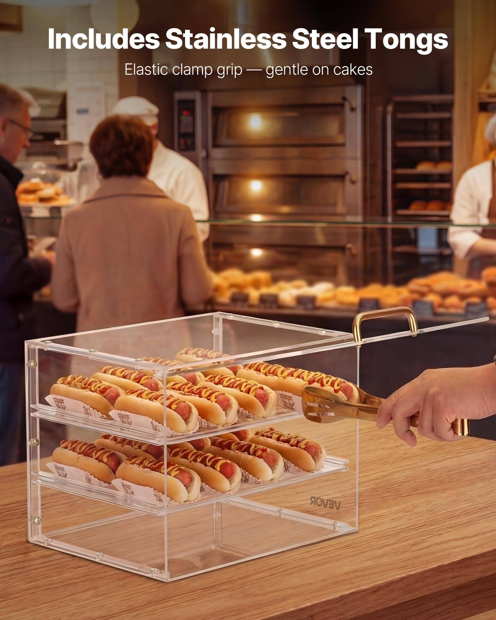 Includes Stainless Steel Tongs  
Elastic clamp grip - gentle on cakes