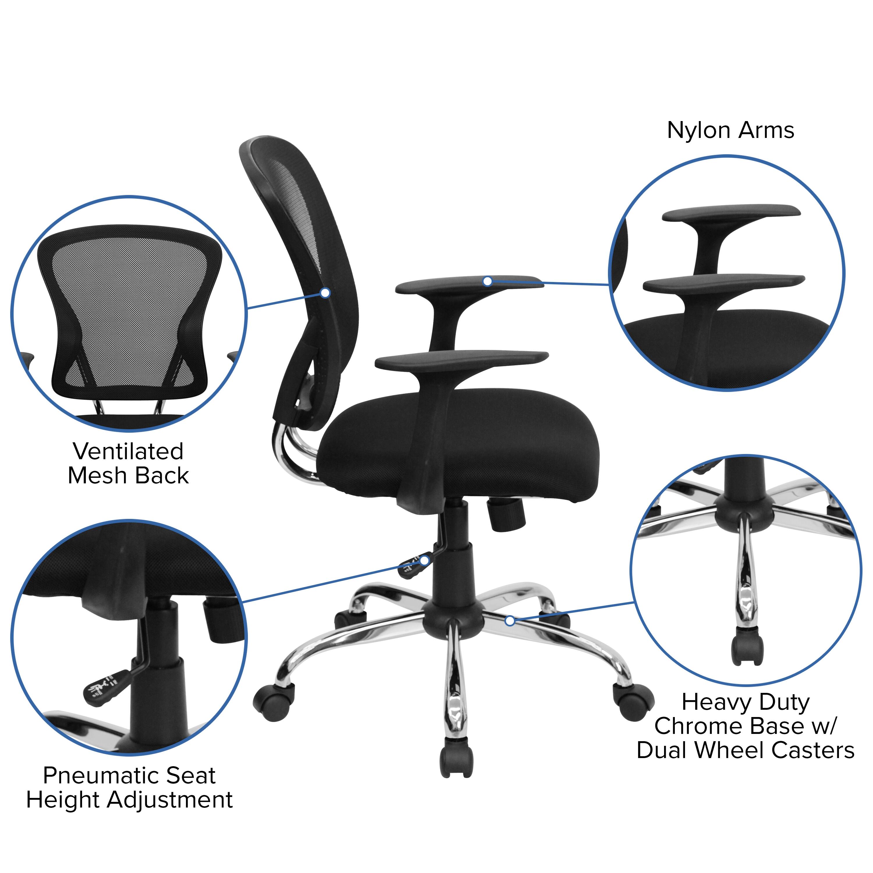 Nylon Arms  
Ventilated Mesh Back  
Pneumatic Seat Height Adjustment  
Heavy Duty Chrome Base w/ Dual Wheel Casters