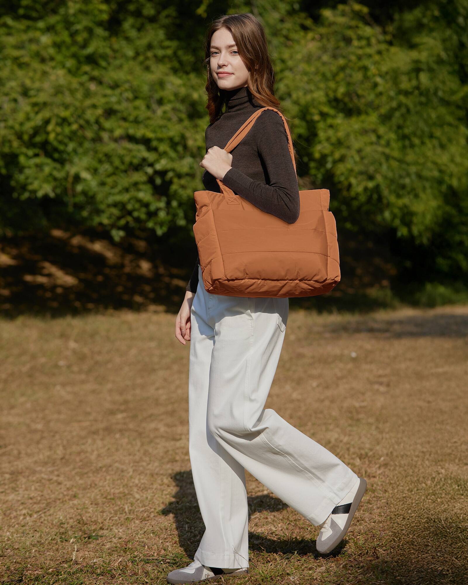Left. Bagsmart - Bubble 20L Puffy 15.6" Laptop Work Tote Bag, Lightweight Water-Resistant Puffer Travel Shoulder Bag for Women - Brown.