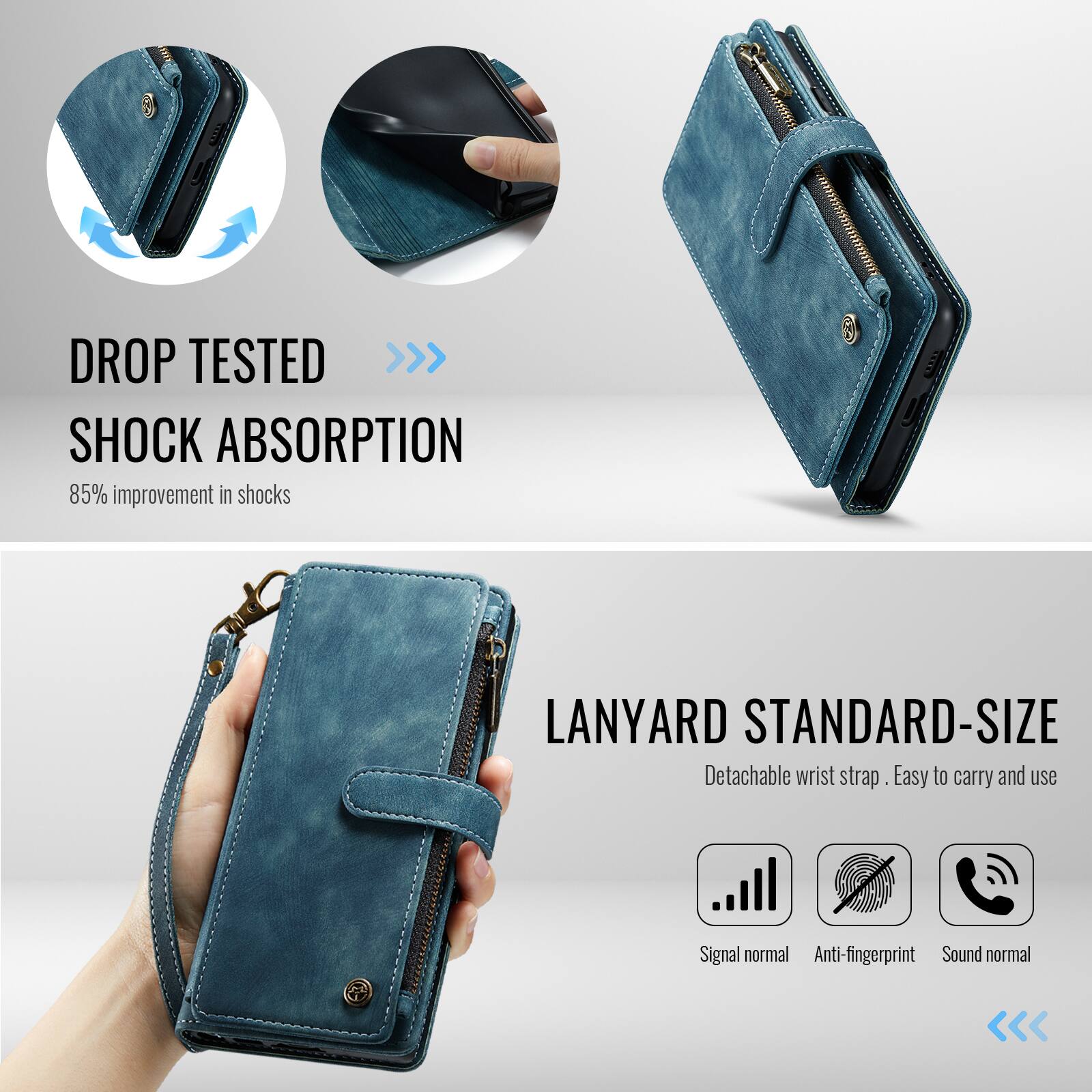 DROP TESTED >>> SHOCK ABSORPTION  
85% improvement in shocks  

LANYARD STANDARD-SIZE  
Detachable wrist strap. Easy to carry and use  

Signal normal  
Anti-fingerprint  
Sound normal