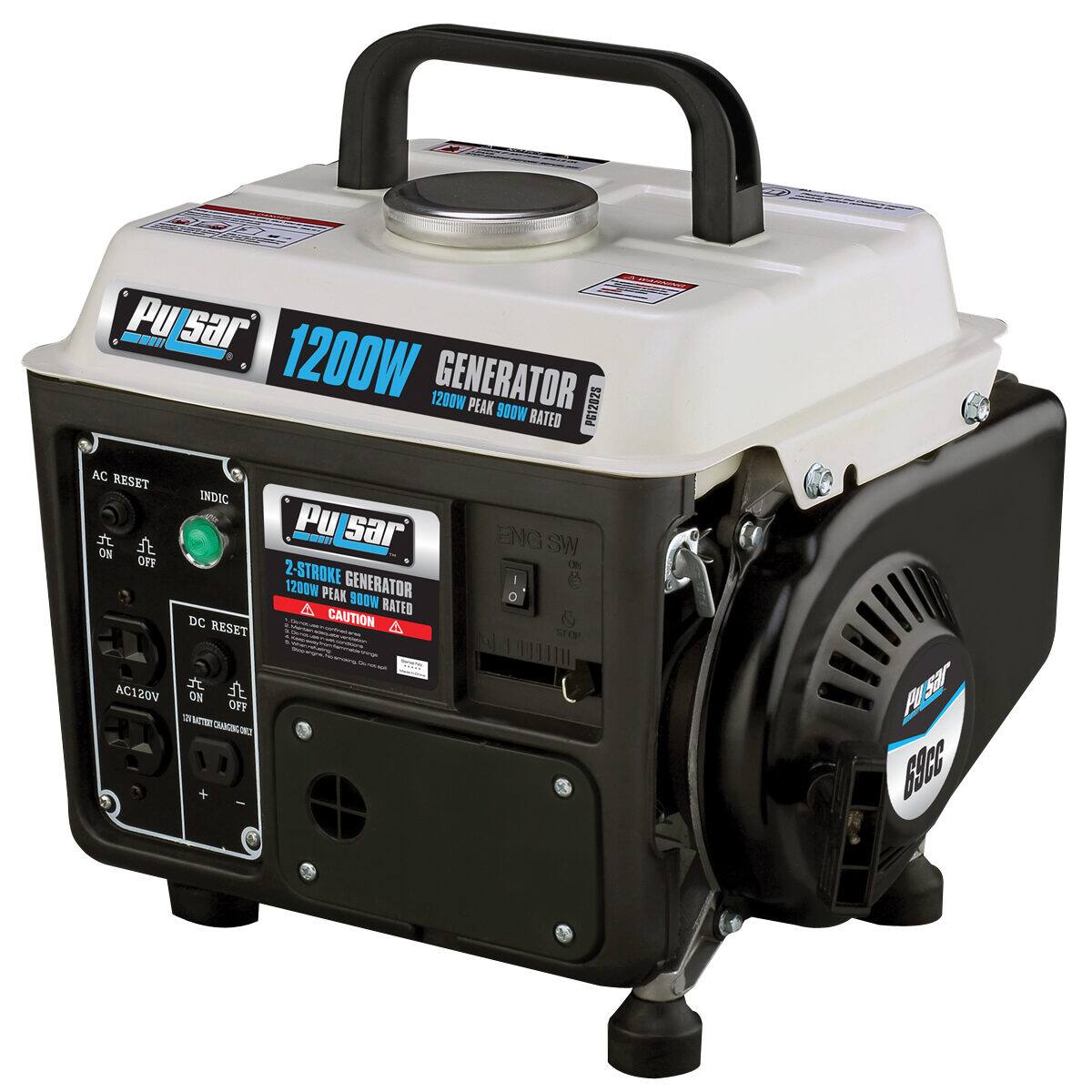 Pulsar 1200W GENERATOR  
1200W PEAK 900W RATED  
PE1202S  

2-STROKE GENERATOR  
1200W PEAK 900W RATED  

AC RESET  
ON OFF  

DC RESET  
ON OFF  

AC120V  
15 AMP CHARGING CIRCUIT  

INDIC  

ENG SW  
ON OFF  

CAUTION  

68CC