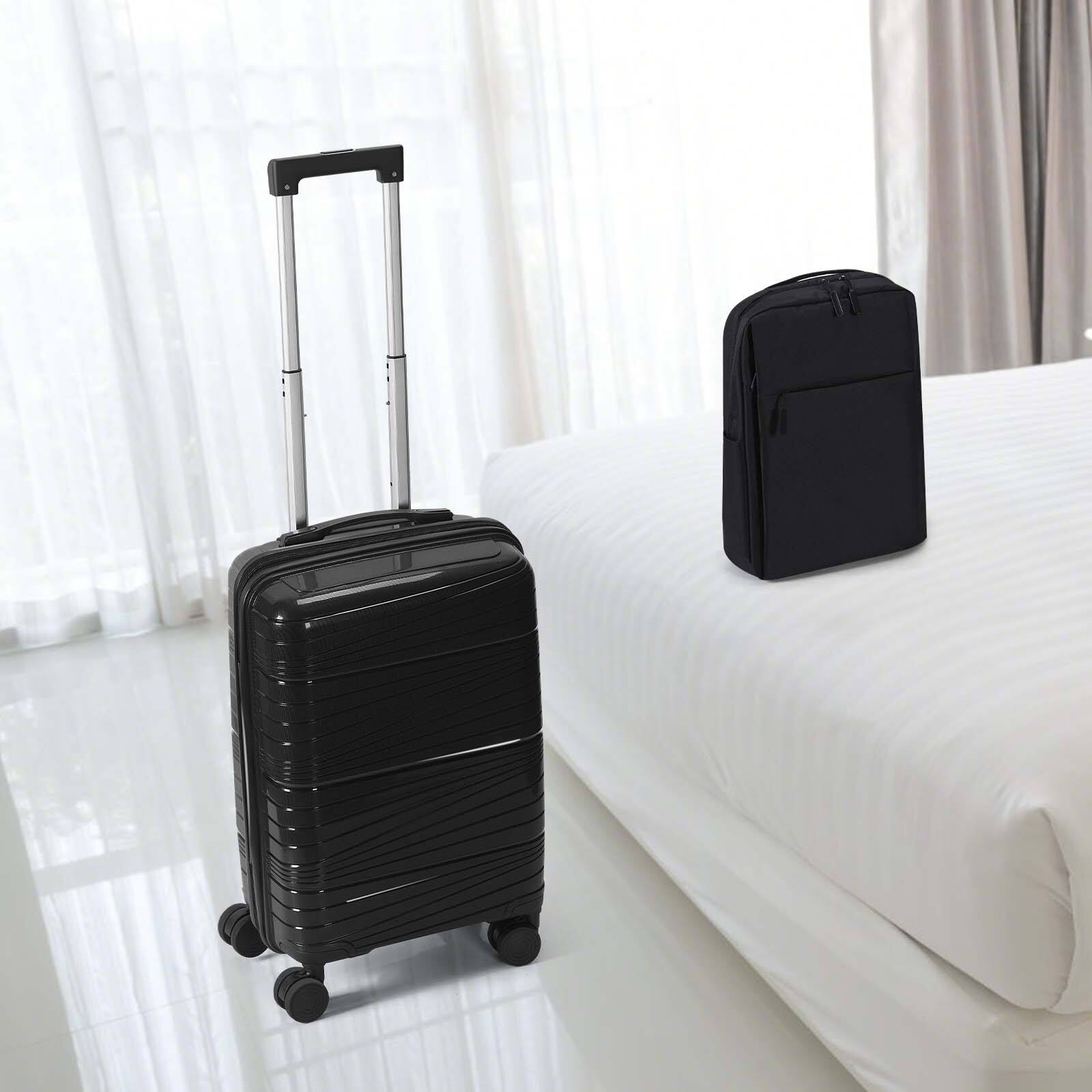 Alt View 3. Oumilen - 2 Piece Black Travel Set – 20" PP Carry On + Laptop Backpack, 4 Silent Spinner Wheels with Lock - Black.