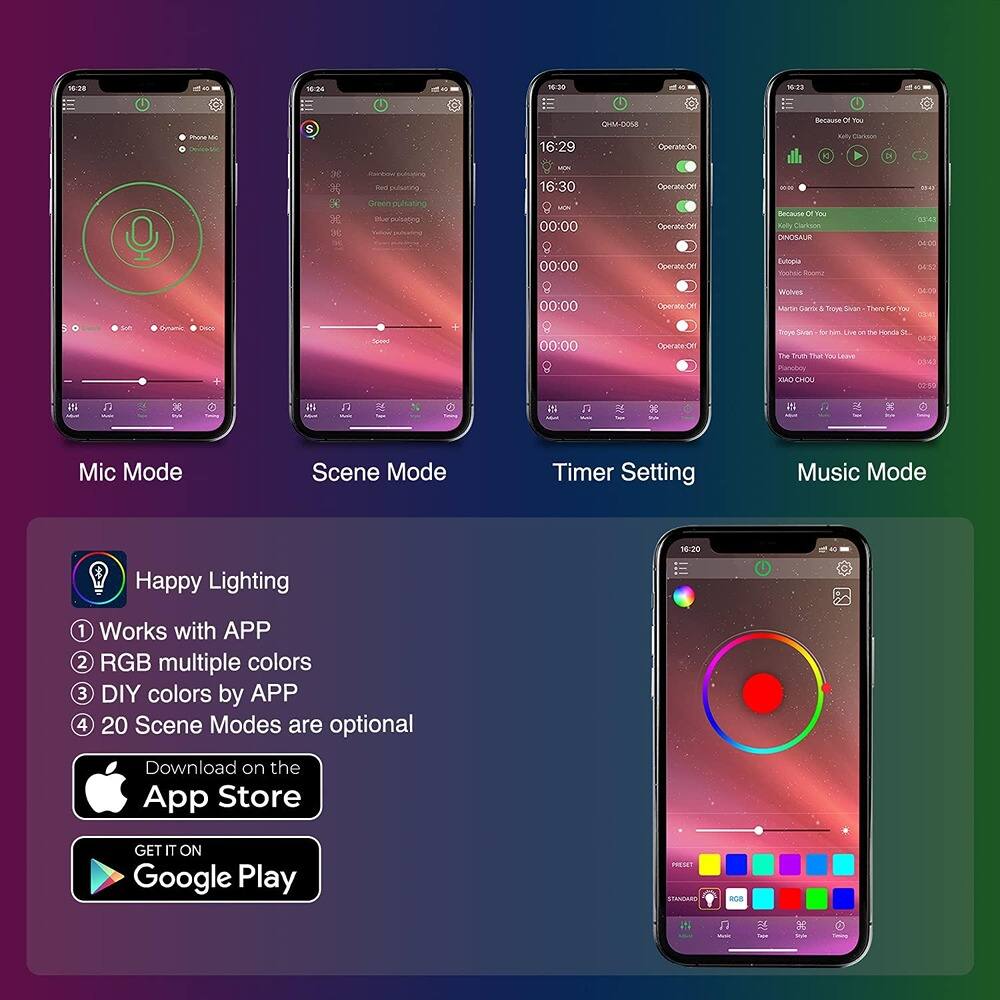Sure, here is the corrected and grouped text from the image:

---

**Mic Mode**

- Phone Mic
- Mic Mode
- Dynamic
- Eco

**Scene Mode**

- Rainbow pulsing
- Red pulsing
- Green pulsing
- Blue pulsing
- White pulsing

**Timer Setting**

- 16:29
- 16:30
- 00:00
- 00:00
- 00:00
- 00:00
- 00:00
- 00:00
- 00:00
- 00:00
- 00:00
- 00:00
- 00:00
- 00:00
- 00:00
- 00:00
- 00:00
- 00:00
- 00:00
- 00:00
- 00:00
- 00:00
- 00:00
- 00:00