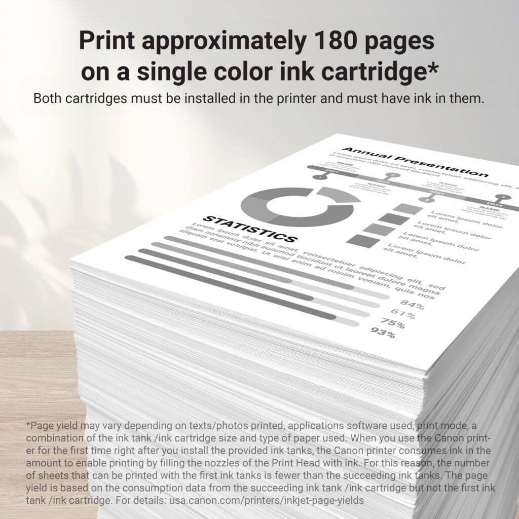 Print approximately 180 pages on a single color ink cartridge*  
Both cartridges must be installed in the printer and must have ink in them.

Annual Presentation  
STATISTICS  
84% 67% 75% 93%

*Page yield may vary depending on texts/photos printed, applications software used, print mode, a combination of the ink tank /ink cartridge size and type of paper used. When you use the Canon printer for the first time right after you install the provided ink tanks, the Canon printer consumes ink in the amount to enable printing by filling the nozzles of the Print Head with ink. For this reason, the number of sheets that can be printed with the first ink tanks is fewer than the succeeding ink tanks. The page yield is based on the consumption data from the succeeding ink tank /ink cartridge but not the first ink tank /ink cartridge. For details: usa.canon.com/printer/inkjet-page-yields