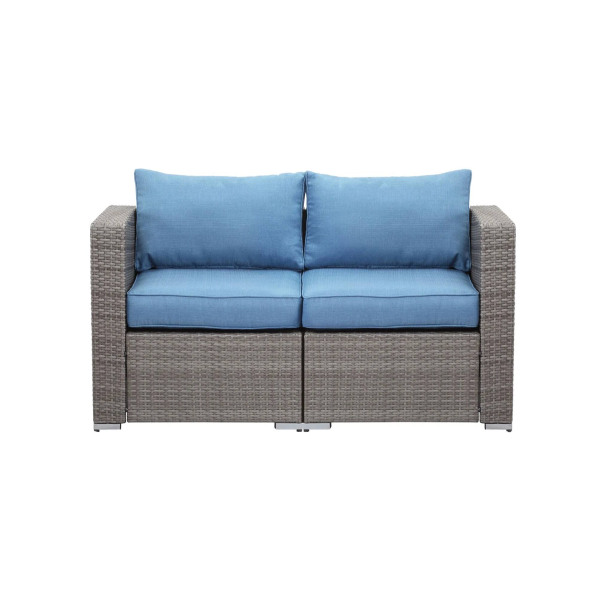 Alt View 6. Mondawe - 59" Width 2-Piece Wicker Patio Loveseat Set, Outdoor Sectional Sofa with Blue Cushions - Blue+Brown.