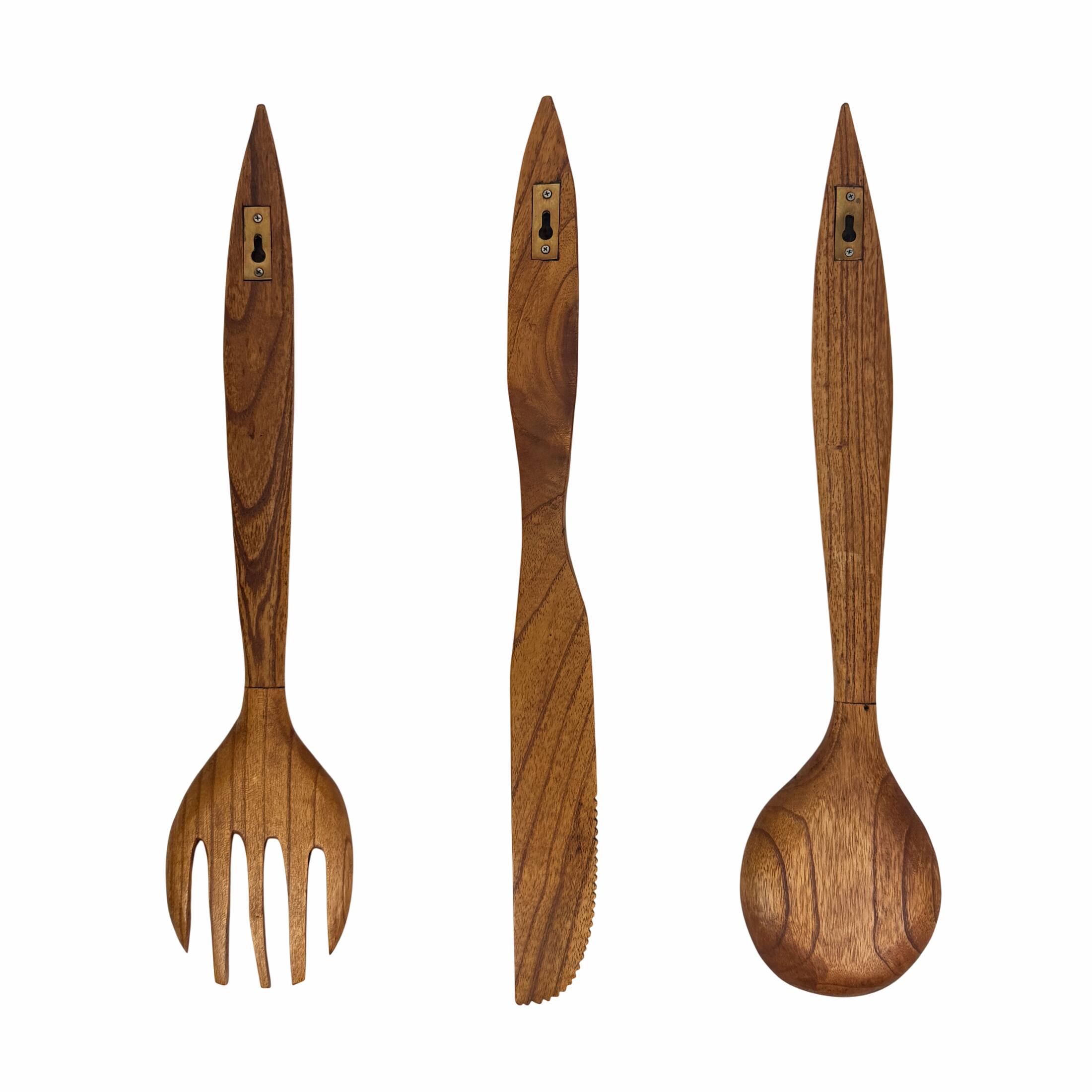 Alt View 2. Zeckos - Oversized Wooden Cutlery Wall Art Set Spoon Fork Knife 24 Inch Kitchen Decor - Natural.