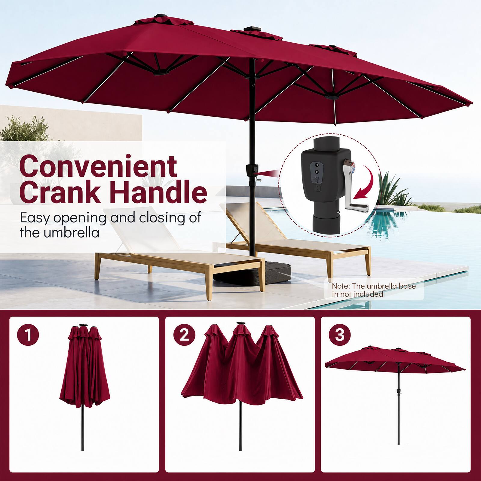 Convenient Crank Handle  
Easy opening and closing of the umbrella  
Note: The umbrella base is not included