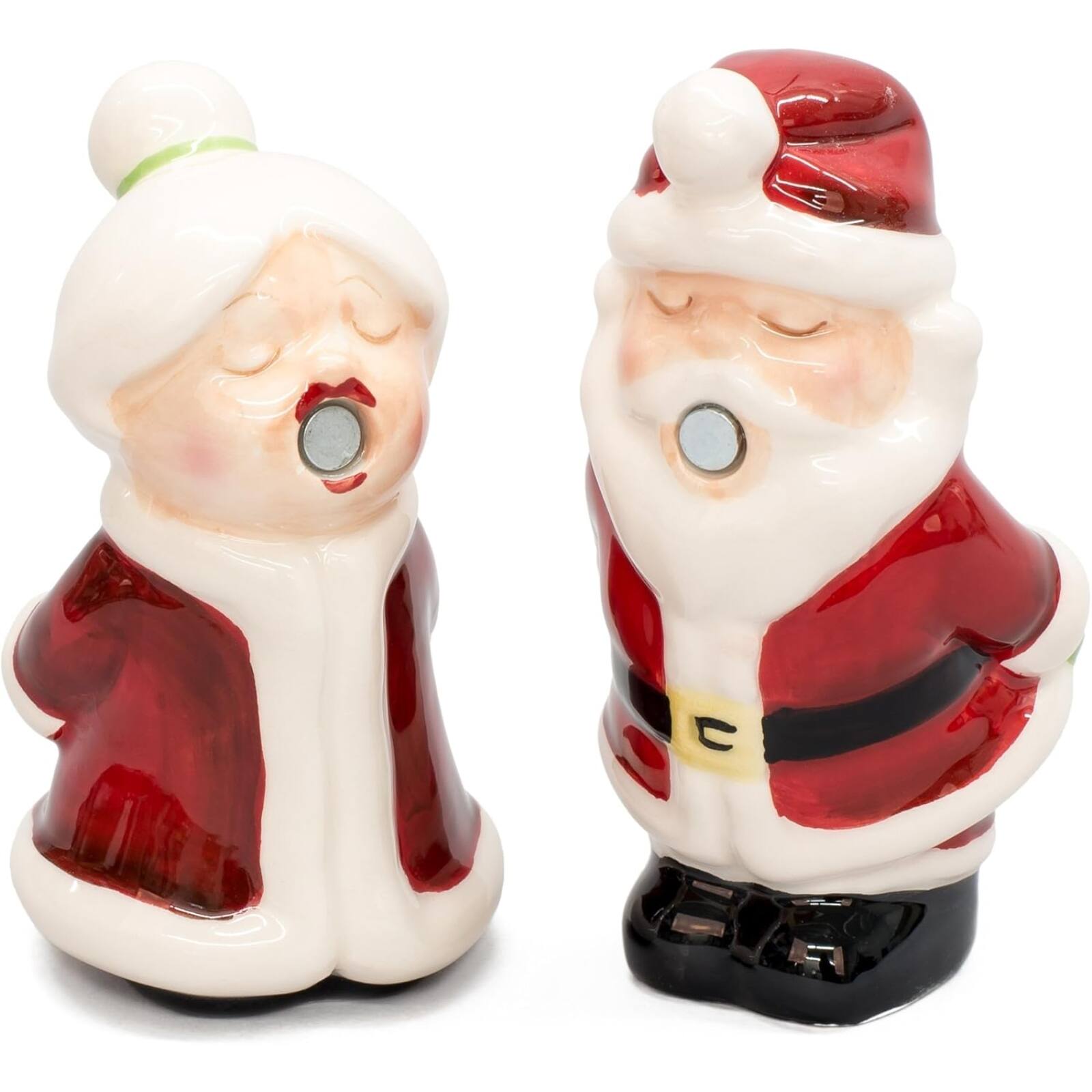 Angle. Pacific Trading - Santa Kissing Mrs Claus Ceramic Magnetic Salt and Pepper Shakers Set - Multicolor.