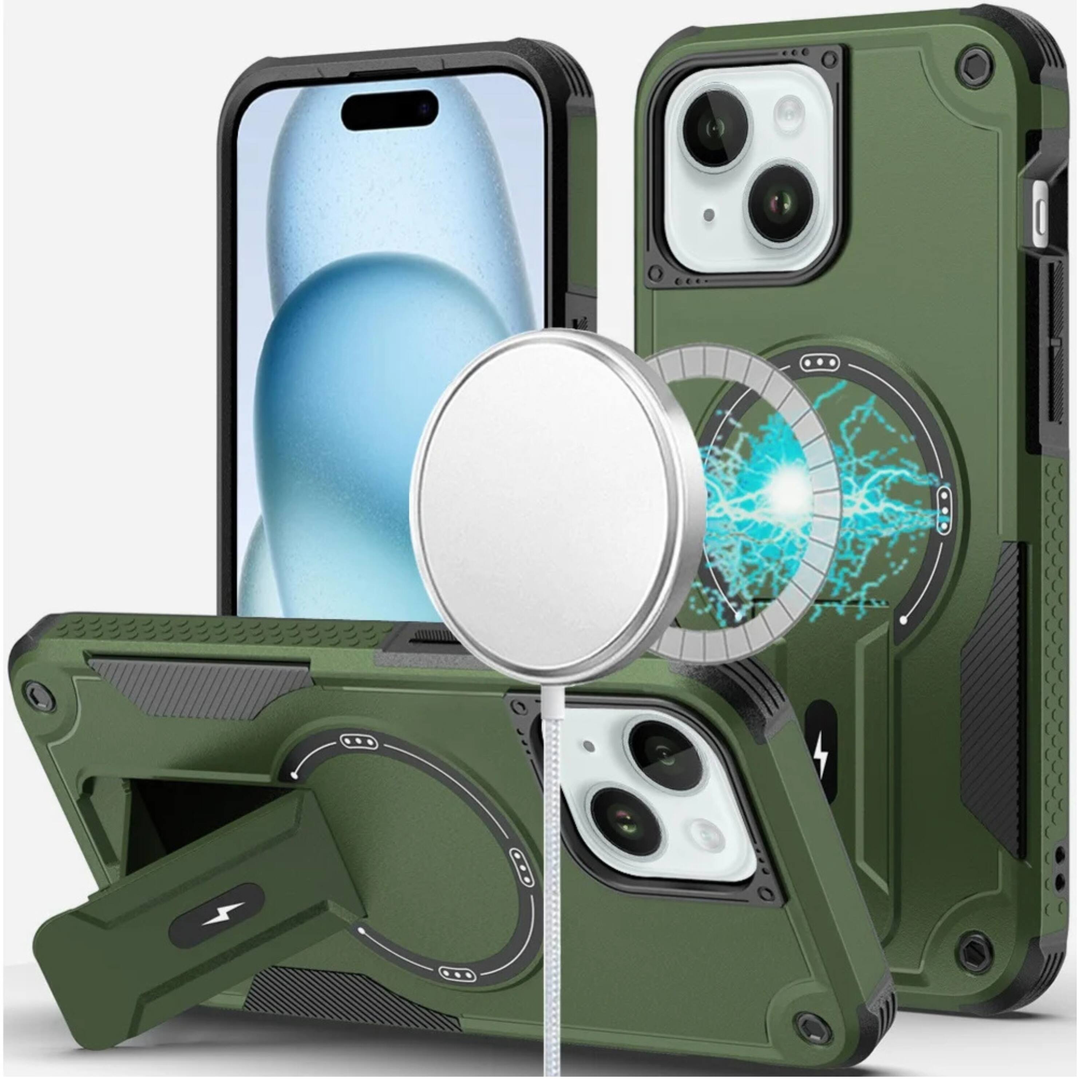 Front. Kitcheniva - Magnetic Circle Rugged Grip Kickstand Phone Case With 2 Tempered Glass For iPhone 15 Green - Green.