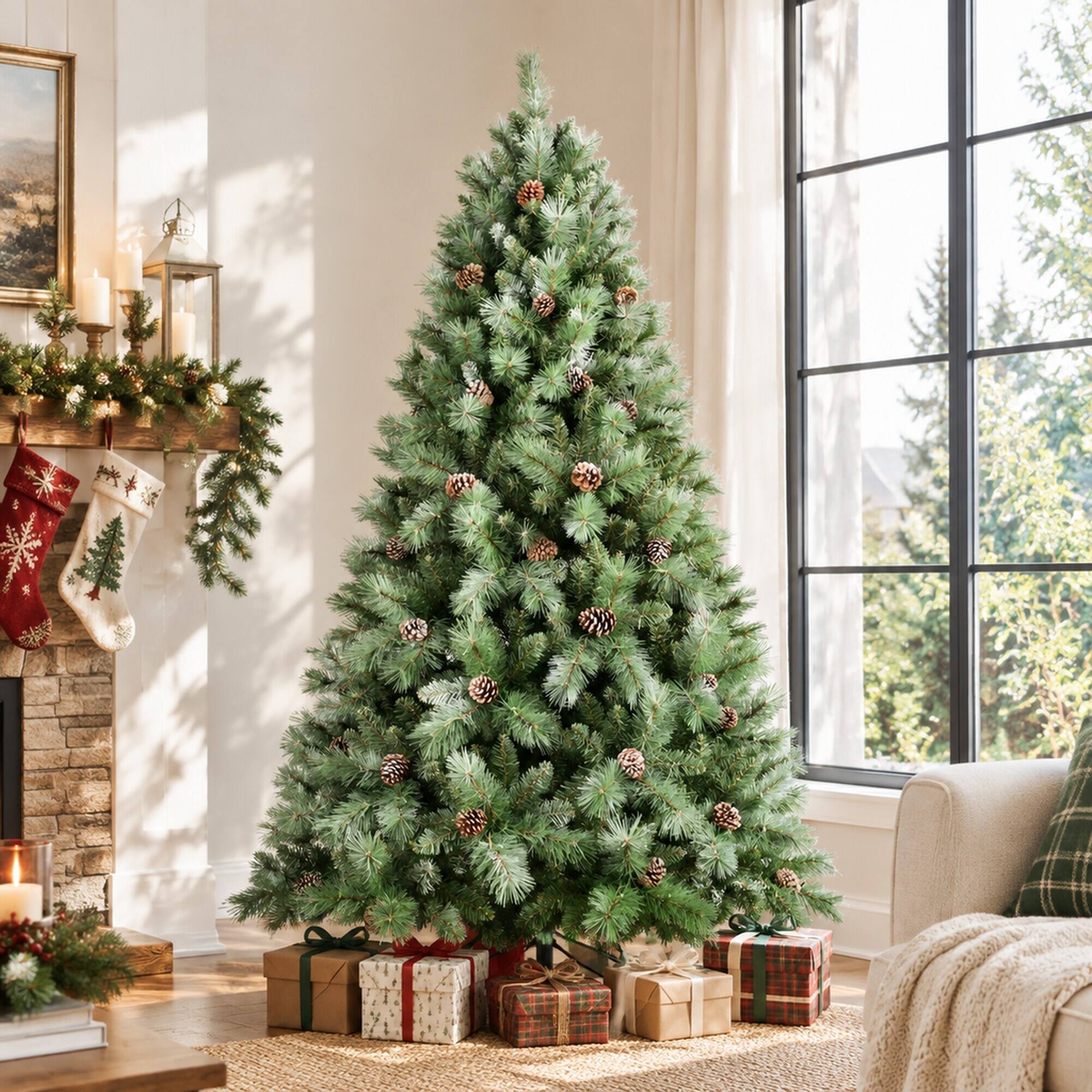 Back. RYHNUYNE - 8 Ft Full Artificial Christmas Tree With 102 Pine Cones 1858 Tips, Mixed Hard Needle Branches Metal Stand Decor - Green.