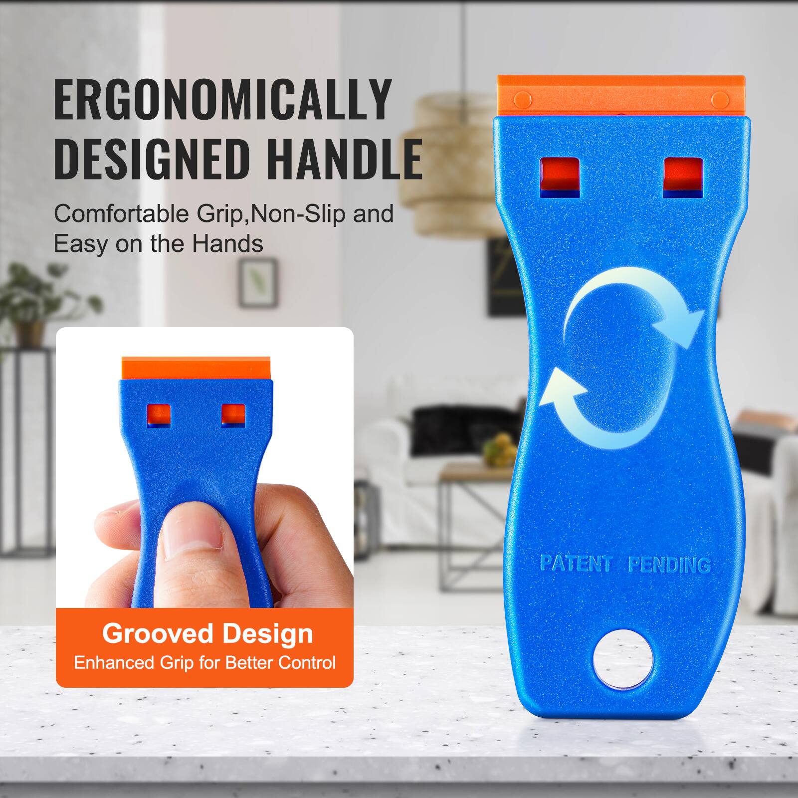 ERGONOMICALLY DESIGNED HANDLE  
Comfortable Grip, Non-Slip and Easy on the Hands  

Grooved Design  
Enhanced Grip for Better Control  

PATENT PENDING