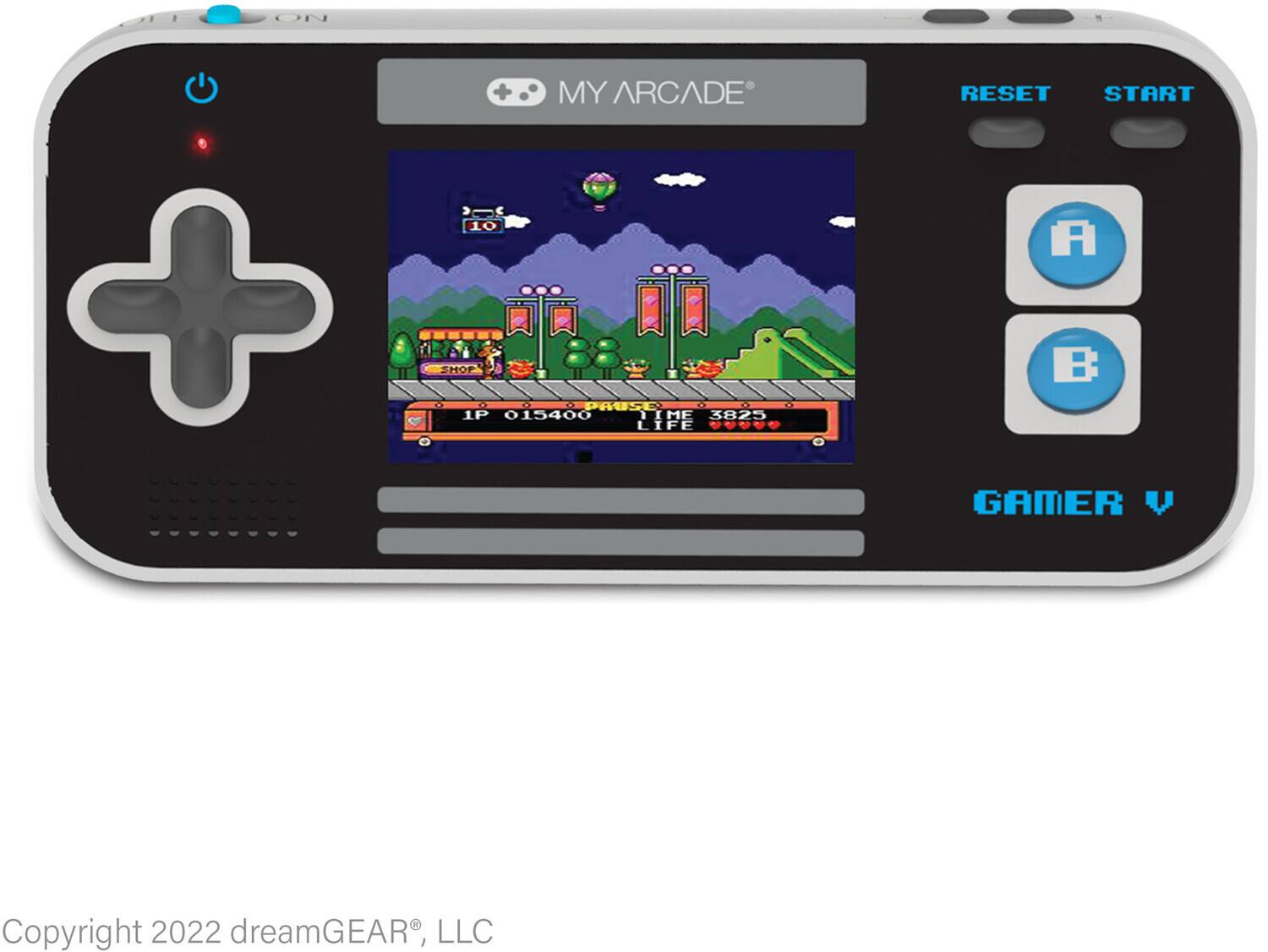 ON MY ARCADE RESET START 1P 015400 TIME 3825 LIFE JUV GAMER U Copyright 2022 dreamGEAR, LLC