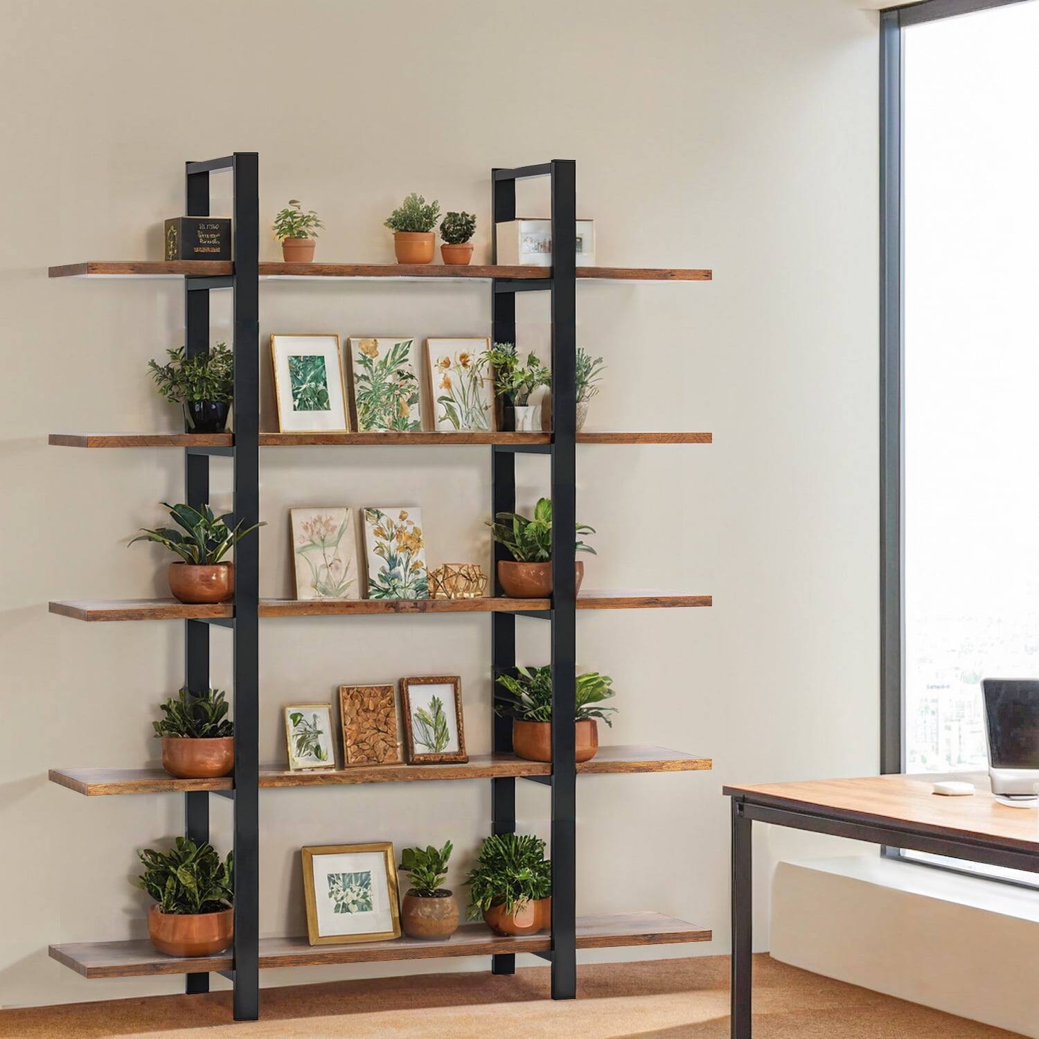 Alt View 2. Kadyn - Kadyn Bookcase, Open Etagere Storage Display Bookshelf,4-Tier Leaning Free Standing Ladder Shelf 5-Tier - Retro Brown.