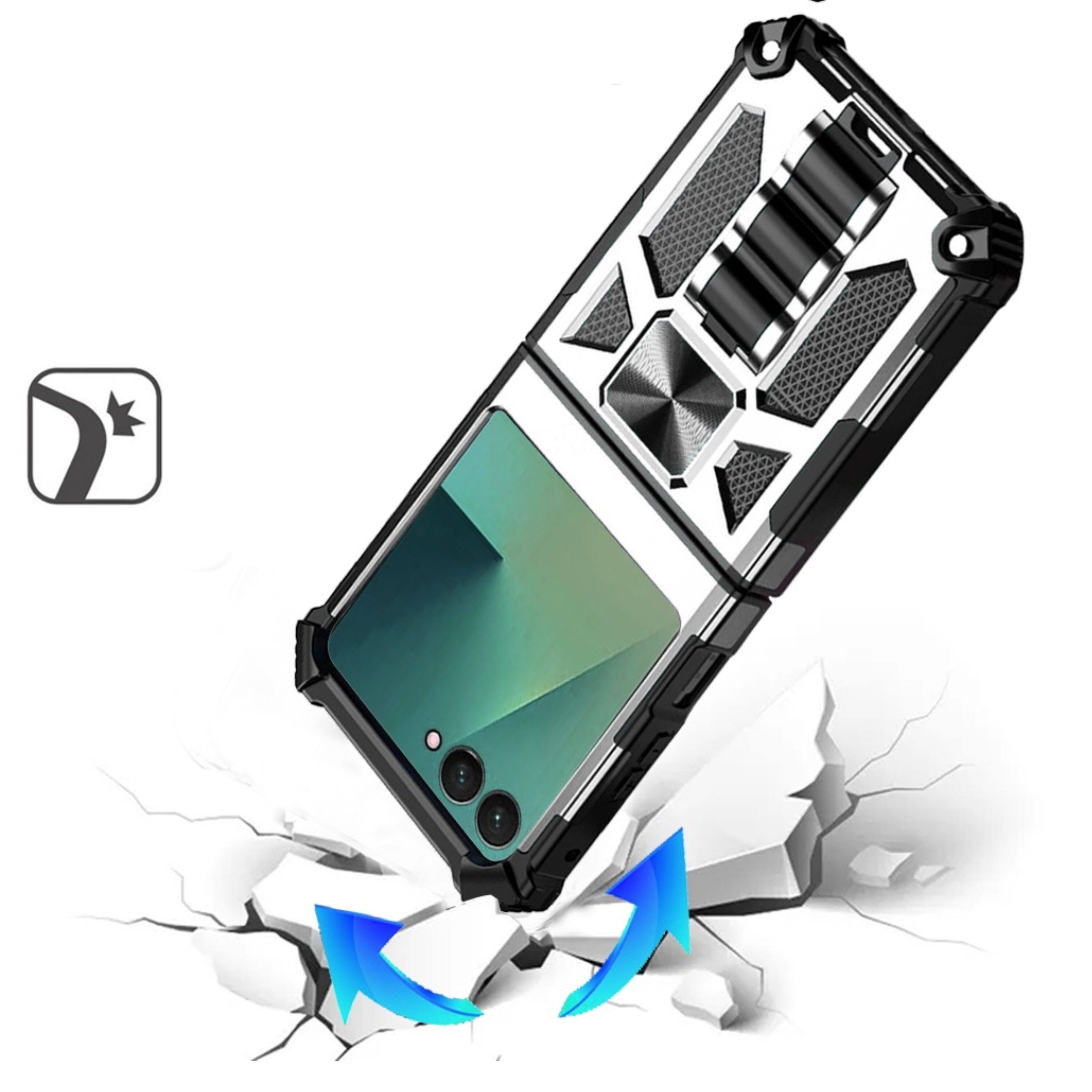 Left. Kitcheniva - Shockproof Modern Case With Metal Ring Stand & Tempered Glass For Samsung Galaxy Z Flip 7 Silver - Silver.