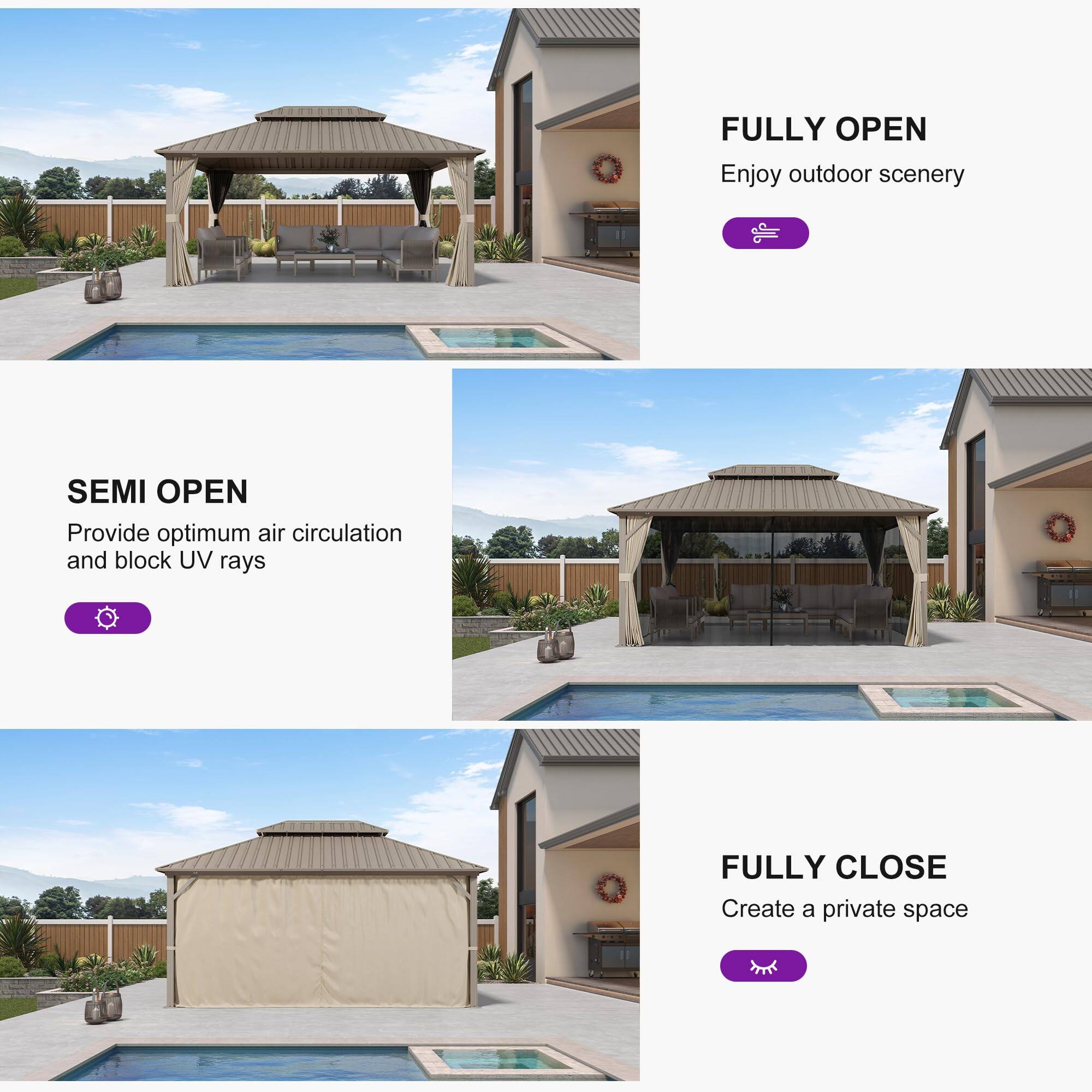 - FULLY OPEN
  - Enjoy outdoor scenery

- SEMI OPEN
  - Provide optimum air circulation and block UV rays

- FULLY CLOSE
  - Create a private space