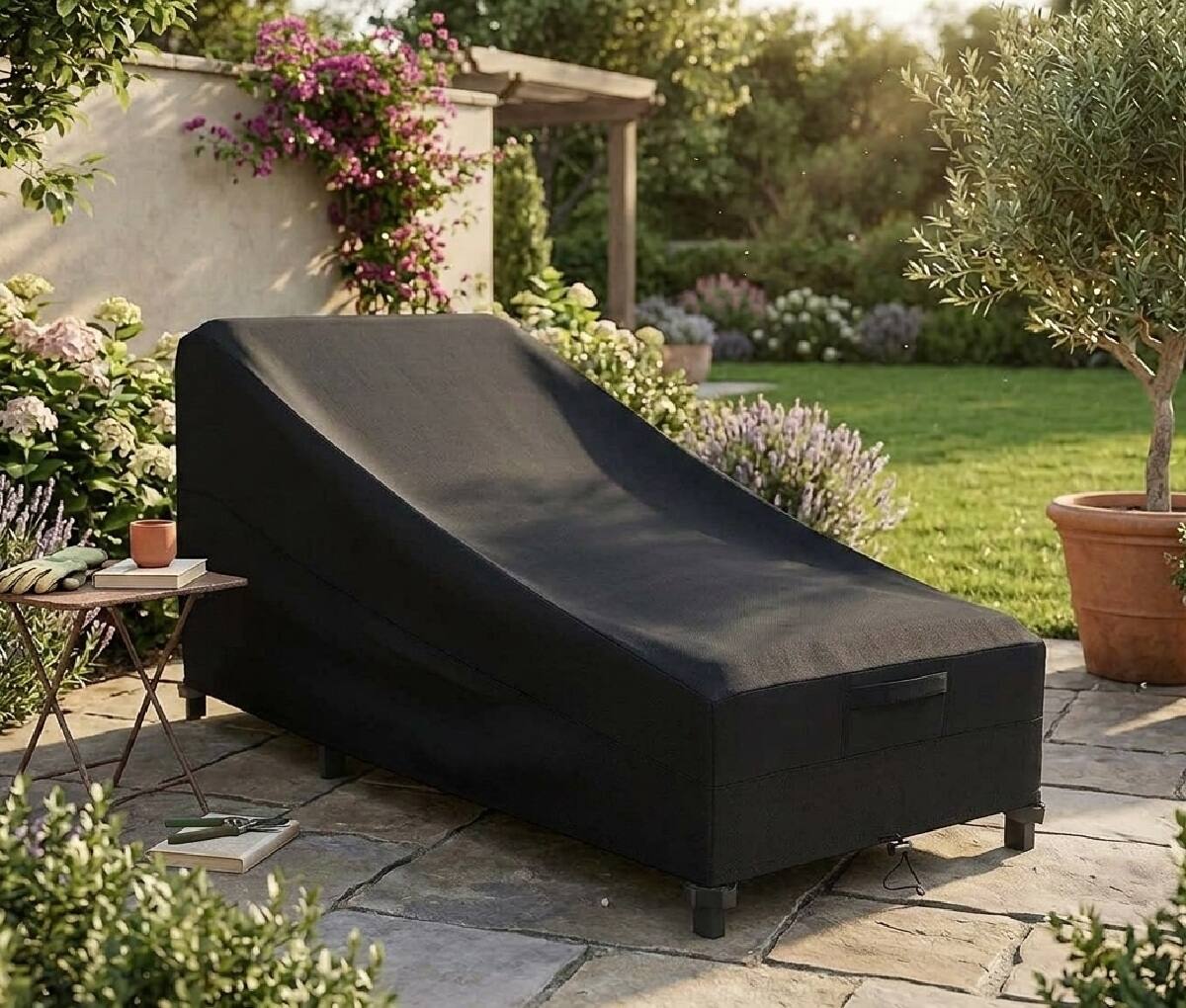 Angle. KHOMO GEAR - Heavy-Duty Patio Chaise Lounge Chair Cover, Waterproof Outdoor Furniture Protector, Fade & Weather Resistant - Black.