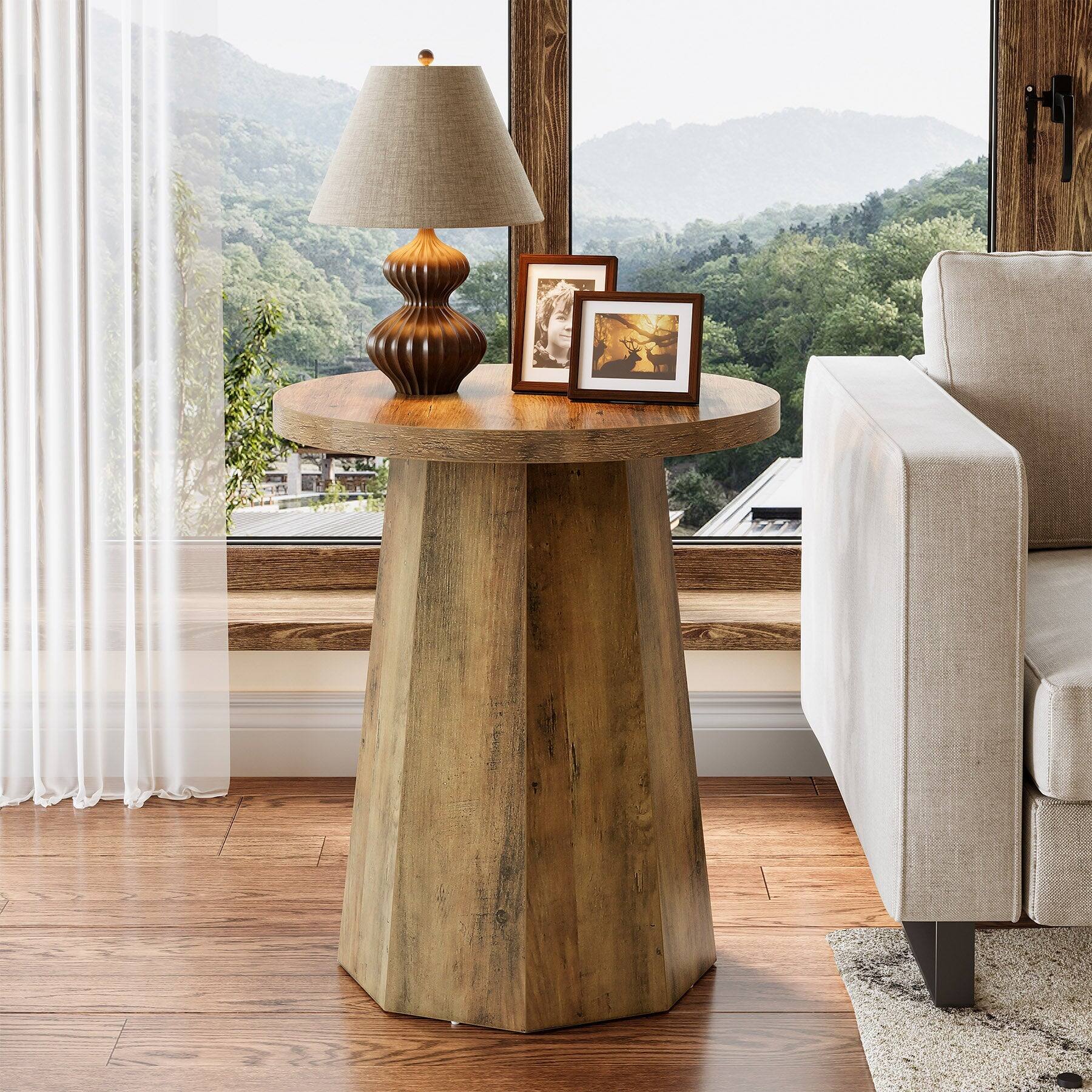 Front. Tribesigns - End Table with Space-Saving Design and Round Top for Books, Drinks and Everyday Essentials - Brown.