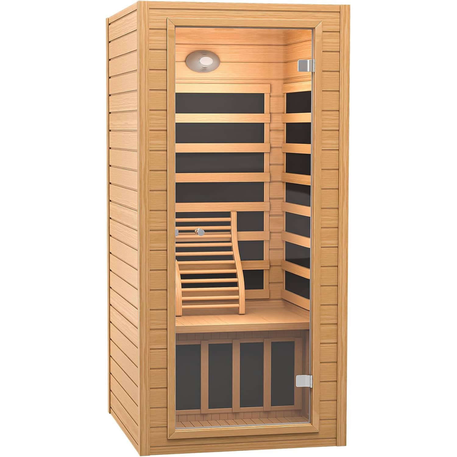 Essen Blissed - 1 Person Near Zero EMF Hemlock Wood Sauna with 9 Chromo Therapy Lights, Bluetooth, LCD Control Pannel for Home Spa Days - Natural