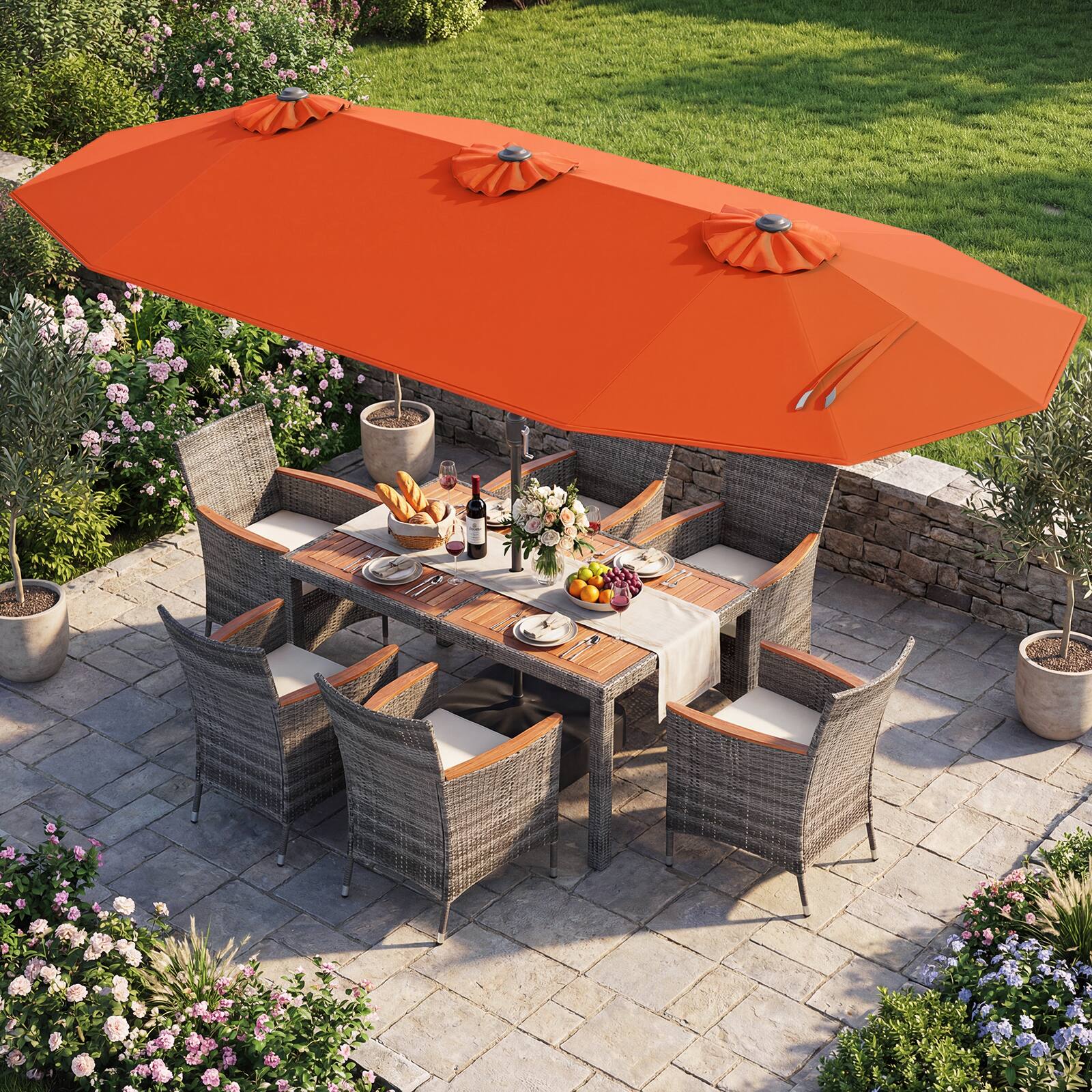 Alt View 1. Gymax - Gymax 8-Piece Patio Dining Set w/ Double-Sided Market Umbrella Acacia Wood Top Orange - Orange.