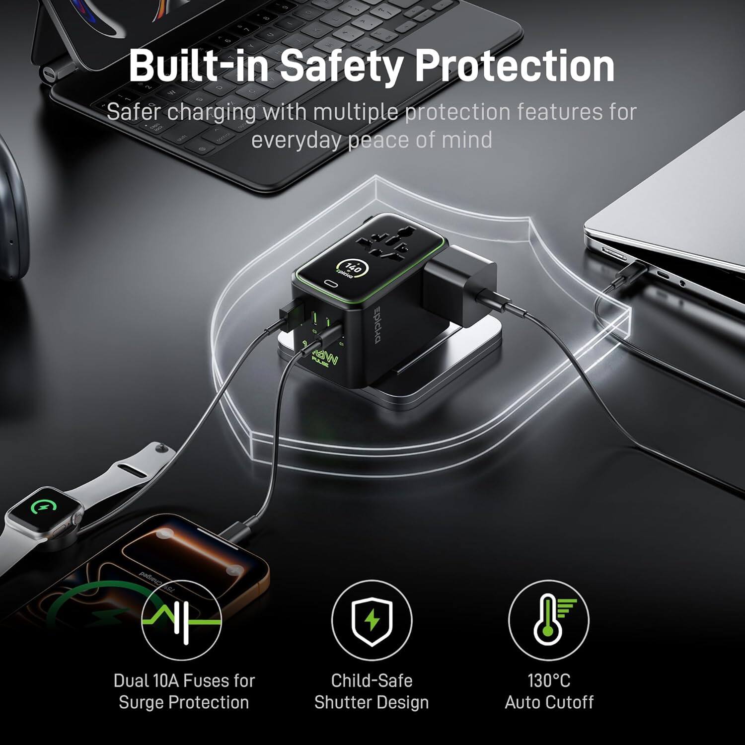 Built-in Safety Protection  
Safer charging with multiple protection features for everyday peace of mind  

- Dual 10A Fuses for Surge Protection  
- Child-Safe Shutter Design  
- 130°C Auto Cutoff