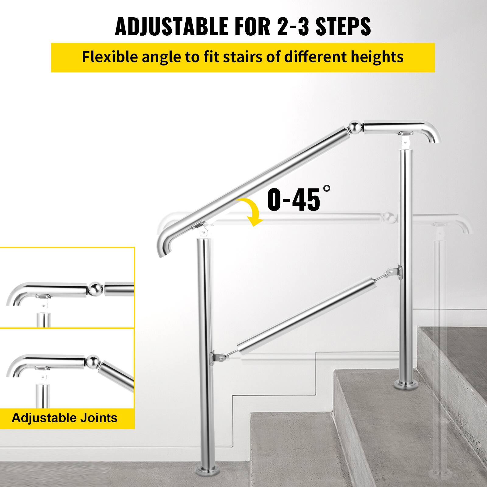 The text in the image can be grouped and corrected as follows:

- **Adjustable for 2-3 steps**
- **Flexible angle to fit stairs of different heights**
- **0-45°**
- **Adjustable Joints**