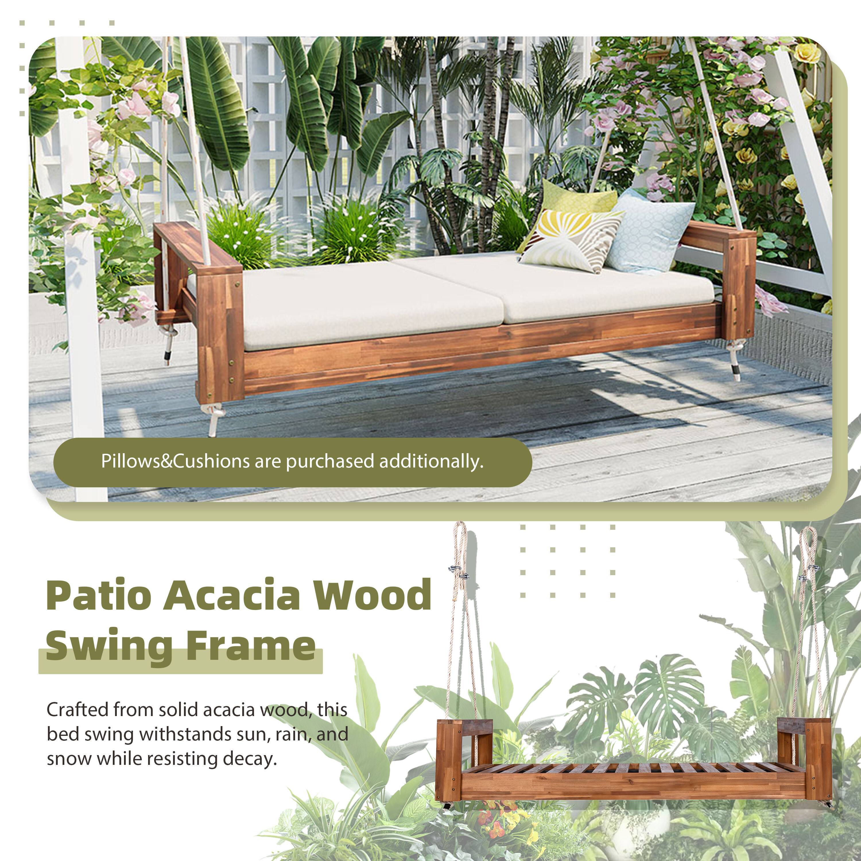 Pillows & Cushions are purchased additionally.

Patio Acacia Wood Swing Frame

Crafted from solid acacia wood, this bed swing withstands sun, rain, and snow while resisting decay.