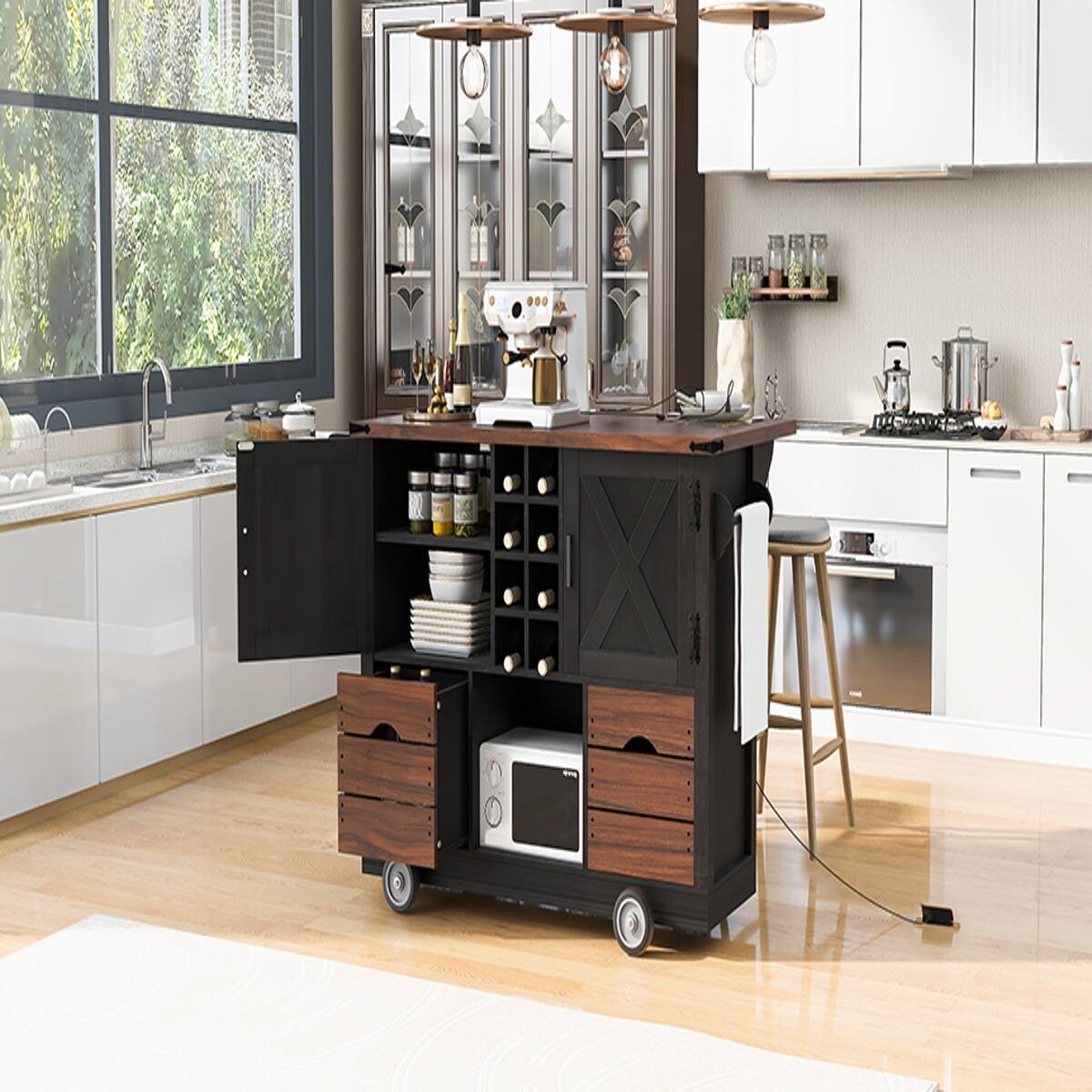 Alt View 3. Loheer - Loheer 54" Farmhouse Kitchen Island with Drop Leaf, Black Rolling Kitchen Cart with Power Outlet and Wine Rack - Black.