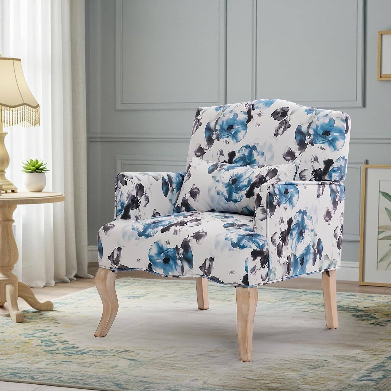 Alt View 4. U-HOMY - Mid-Century Accent Chair with Floral Fabric, Solid Wood Frame & High-Resilience Foam for Living Room - Blue.