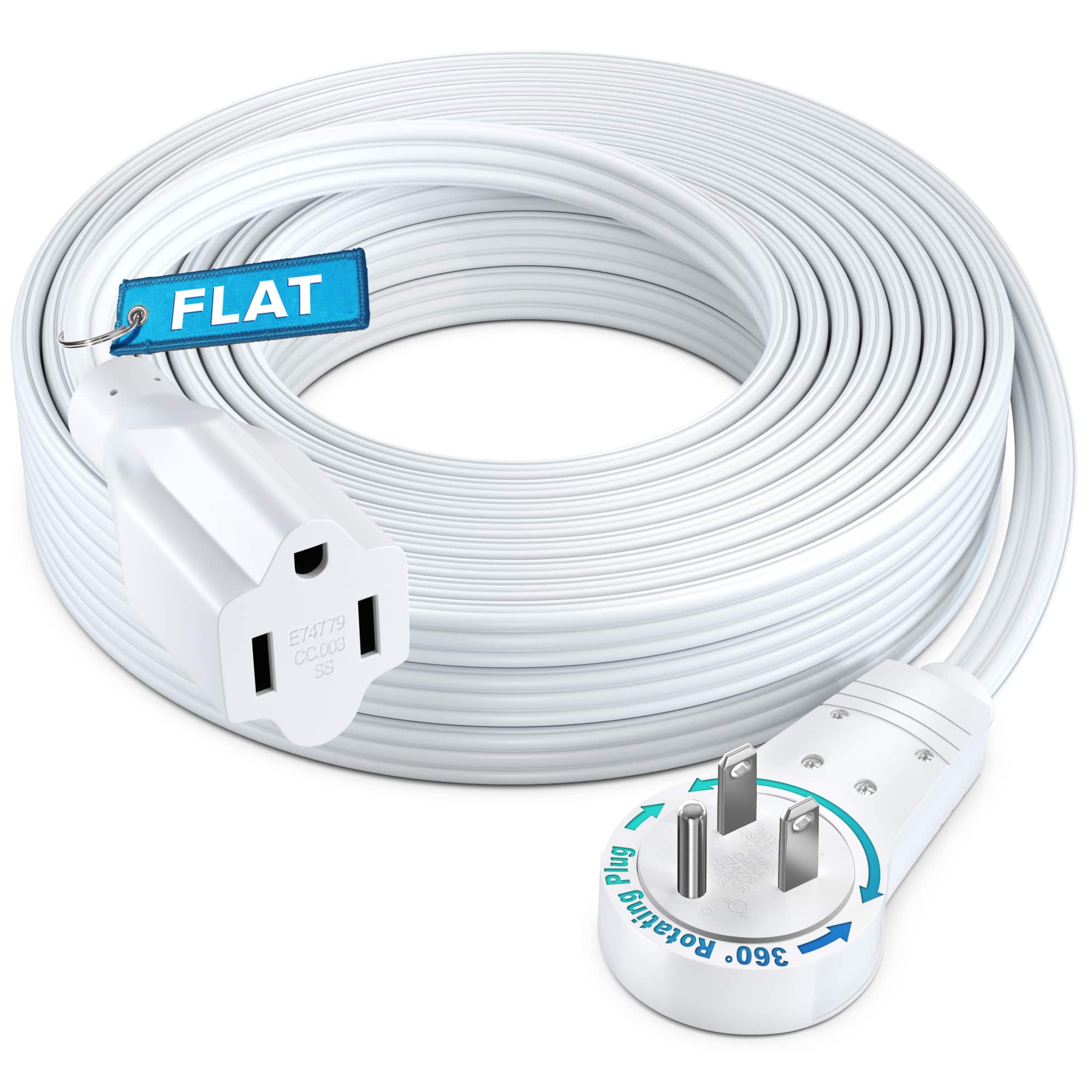 Maximm - 360° Rotating Flat Plug Extension Cord 30 feet Flat Cord Under Carpet with Slim Space-Saving Plug Design - White
