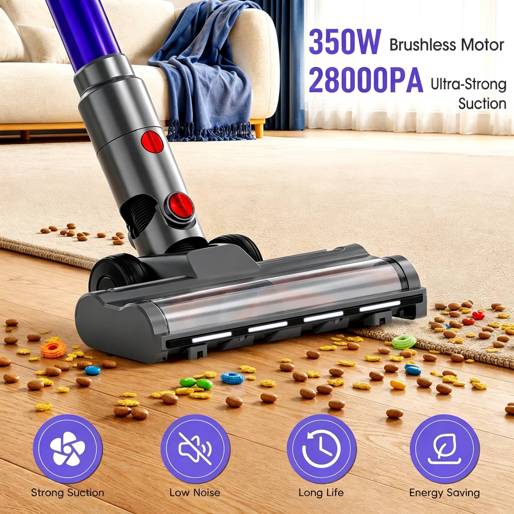 350W Brushless Motor  
28000PA Ultra-Strong Suction  
Strong Suction  
Low Noise  
Long Life  
Energy Saving