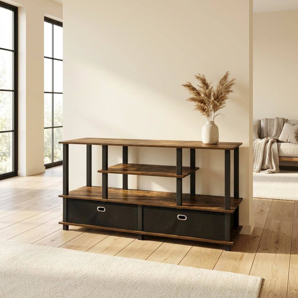 Alt View 2. FurniFact - Large TV Stand, up to 55-Inch TV, Storage Bin, Brown Finish, Rubberwood - White.