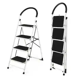Costway - 4 Step Ladder Folding Stool Heavy Duty 330Lbs Capacity Industrial Lightweight - Black & White