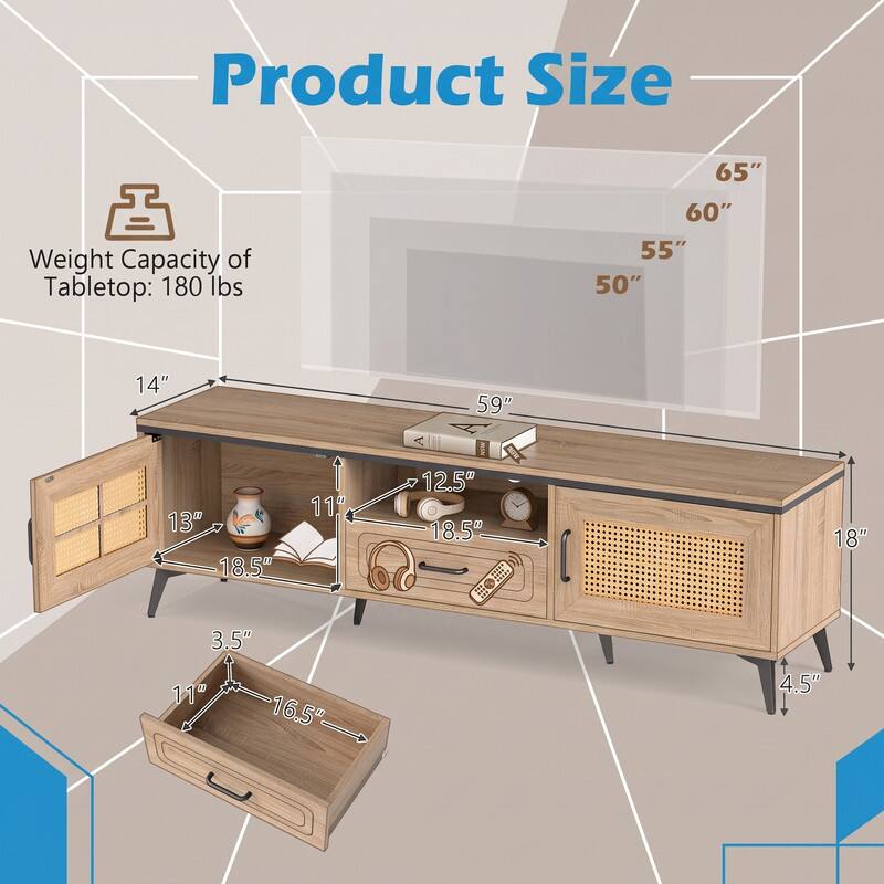 Product Size

Weight Capacity of Tabletop: 180 lbs

65"  
60"  
55"  
50"  
59"  
14"  
13"  
18.5"  
11"  
12.5"  
18"  
3.5"  
11"  
16.5"  
4.5"