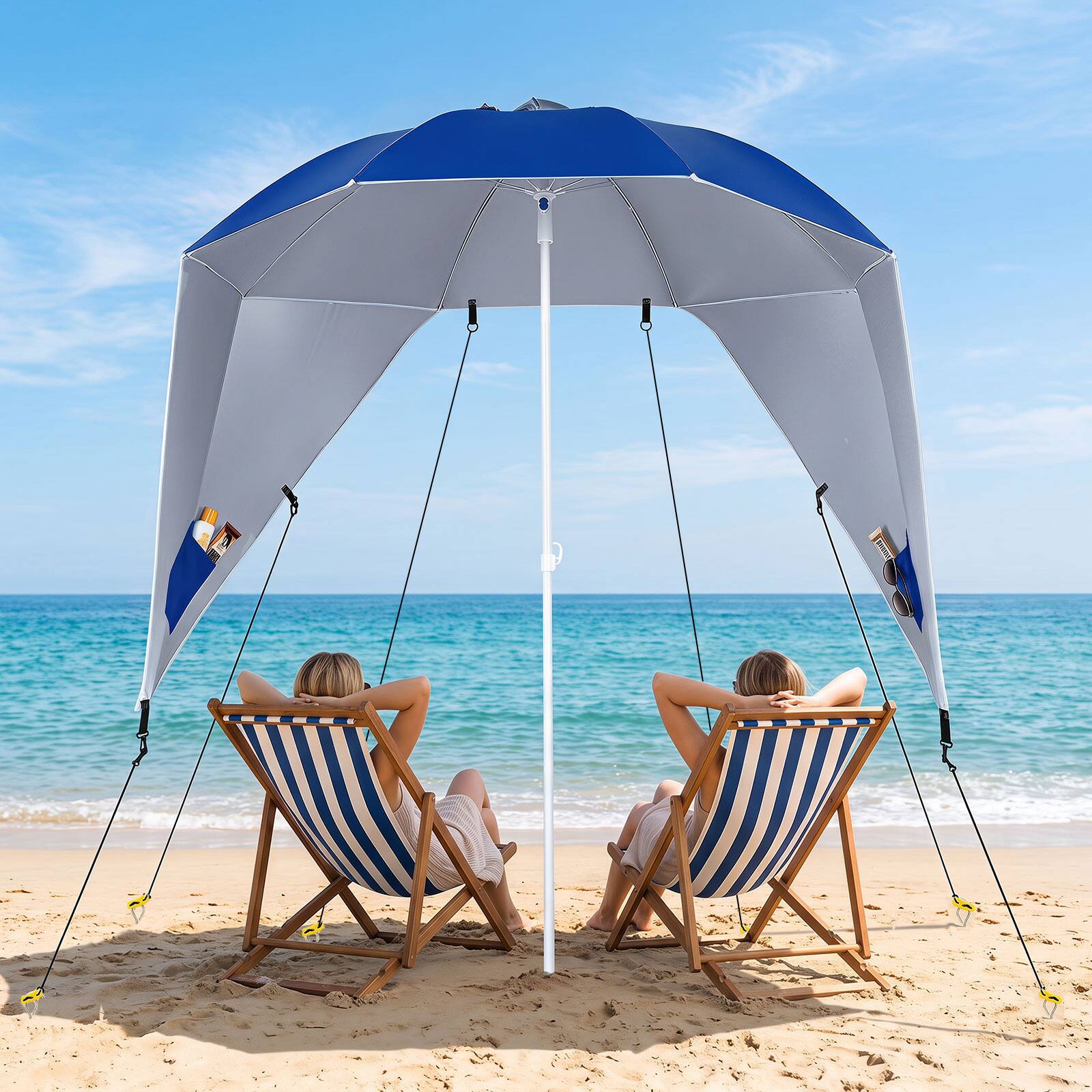 Alt View 3. Costway - Costway 2-In-1 Beach Shelter Umbrella with 2 Side Panels, Sand Anchor, Fiberglass Ribs - Blue.