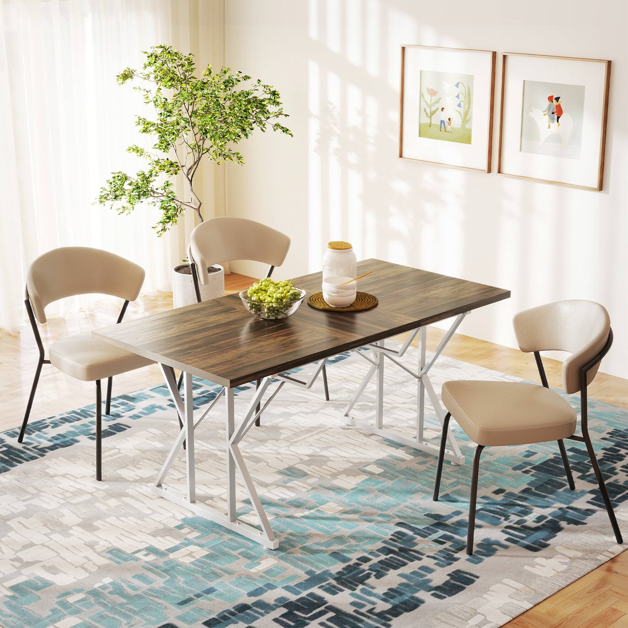 Alt View 1. Homcom - 47"-63" Expandable Dining Table for 4-6 People, Farmhouse Extendable Dining Room Table with Metal Trestle Base - Distressed Brown.