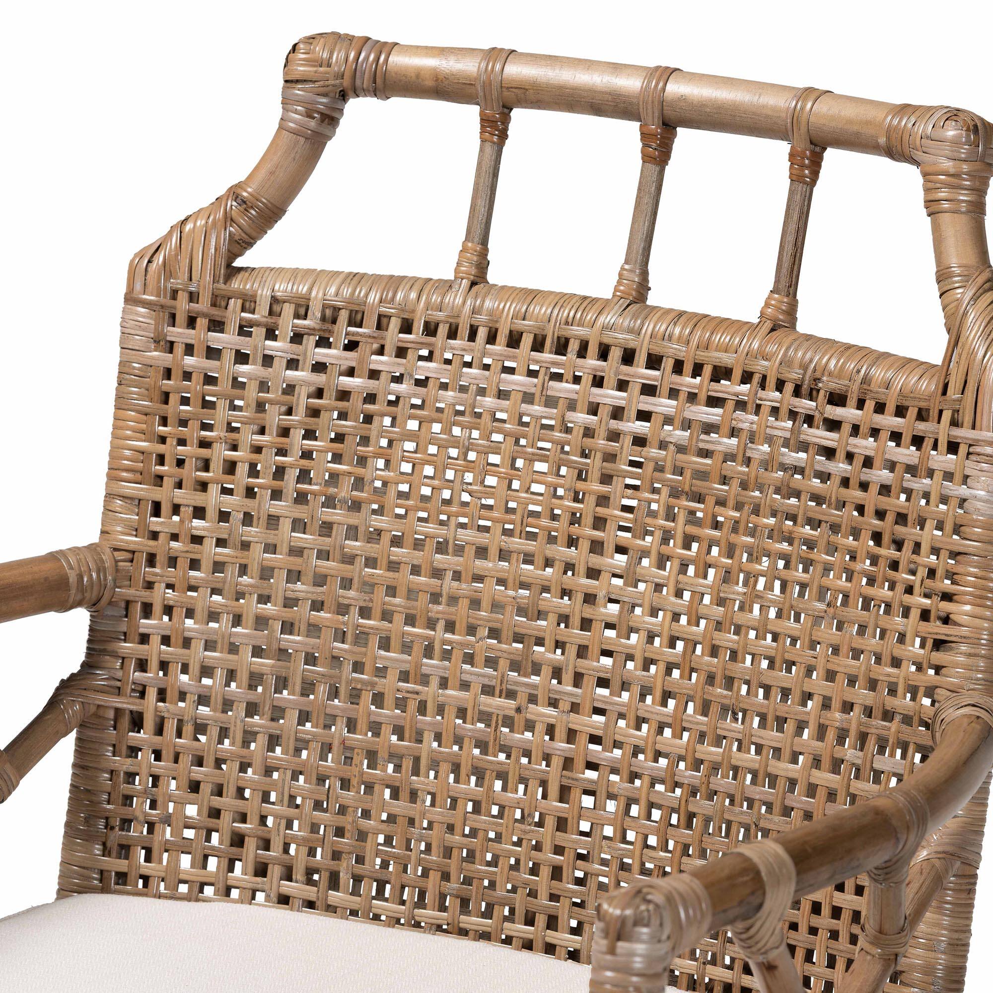 Back. bali & pari - Abiel Natural Rattan 2-Piece Dining Armchair Set with Cushion – Handwoven Wicker Chair with Mahogany Wood Frame - Greywash/Black.