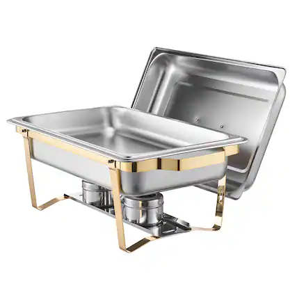Front. VEVOR - Chafing Dish Buffet Set, 8 Qt 4 Pack, Stainless Steel Chafer with 2 Full Size & 4 Half Size Pans,Rectangle Warmer Server - Gold.