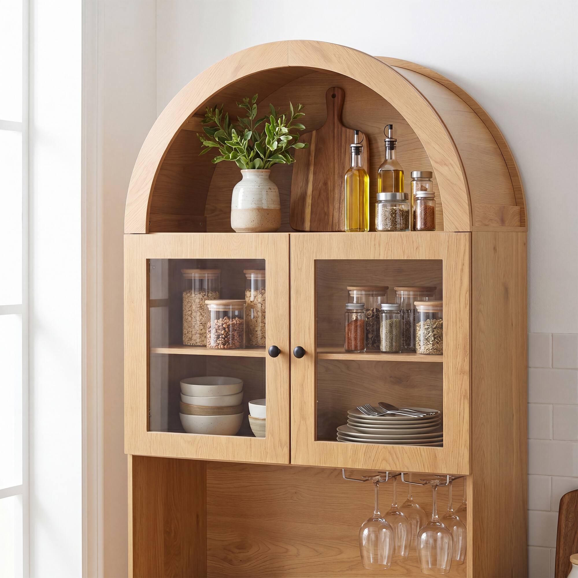 Left. Loheer - Loheer Farmhouse Pantry Cabinet, 75 Inch Oak Coffee Bar Cabinet with Charging Station, Glass Doors, Adjustable Shelves - Oak.
