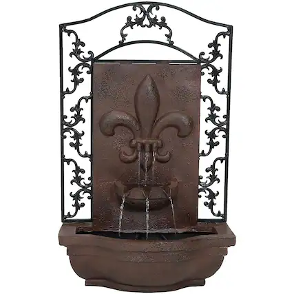 Front. Sunnydaze - French Lily Polystone Outdoor Wall Fountain - Iron.