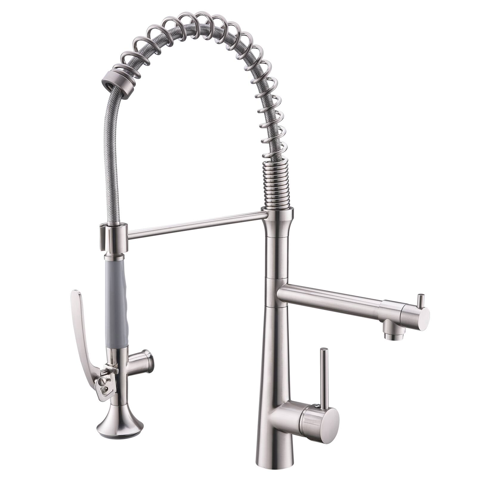 Angle. TinyHomie - Heavy Duty Commercial Kitchen Sink Faucet Single Handle Pre Rinse Spring Sprayer Brushed Nickel - white.