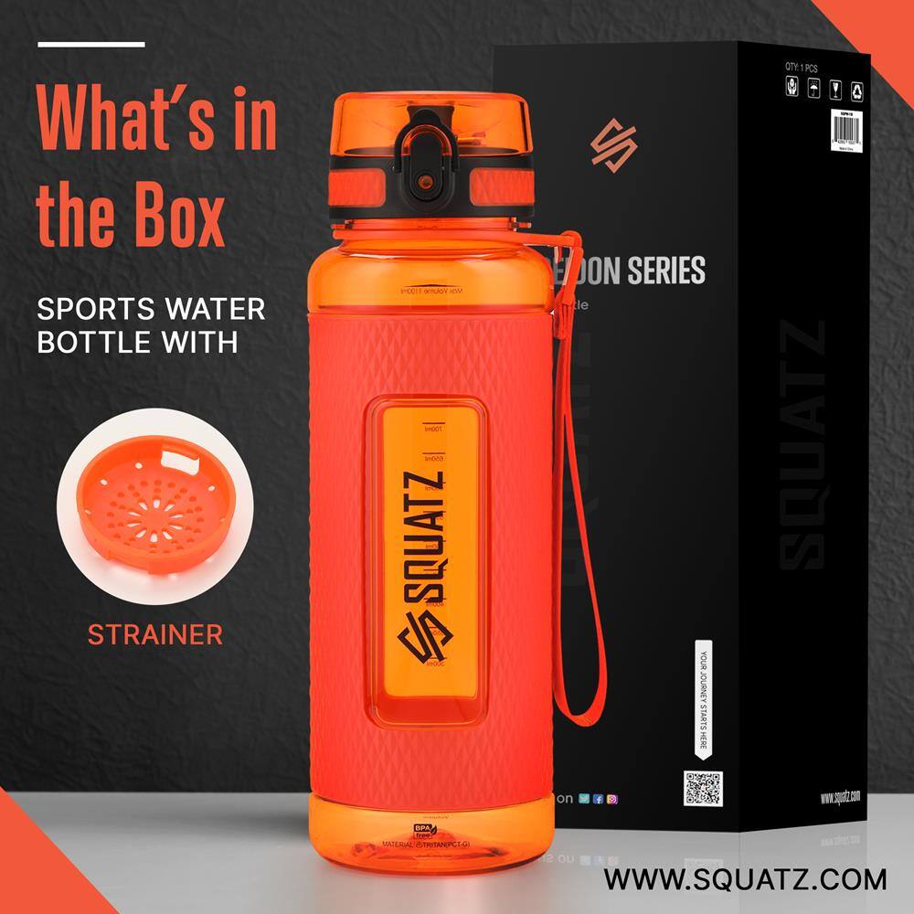 What's in the Box  
SPORTS WATER BOTTLE WITH STRAINER - SQUATZ ON SERIES  
YOUR JOURNEY STARTS HERE  
1 PCS  
SQUATZ  
MATERIAL: CO  
WWW.SQUATZ.COM