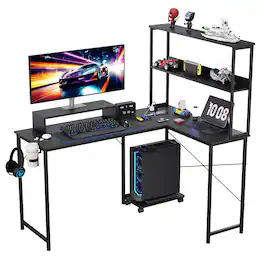 AWPLAY - 53 IN Reversible L-Shaped Gaming Desk with LED Lights, Power Outlets Computer Desk with Hooks and Cup Holder - Black