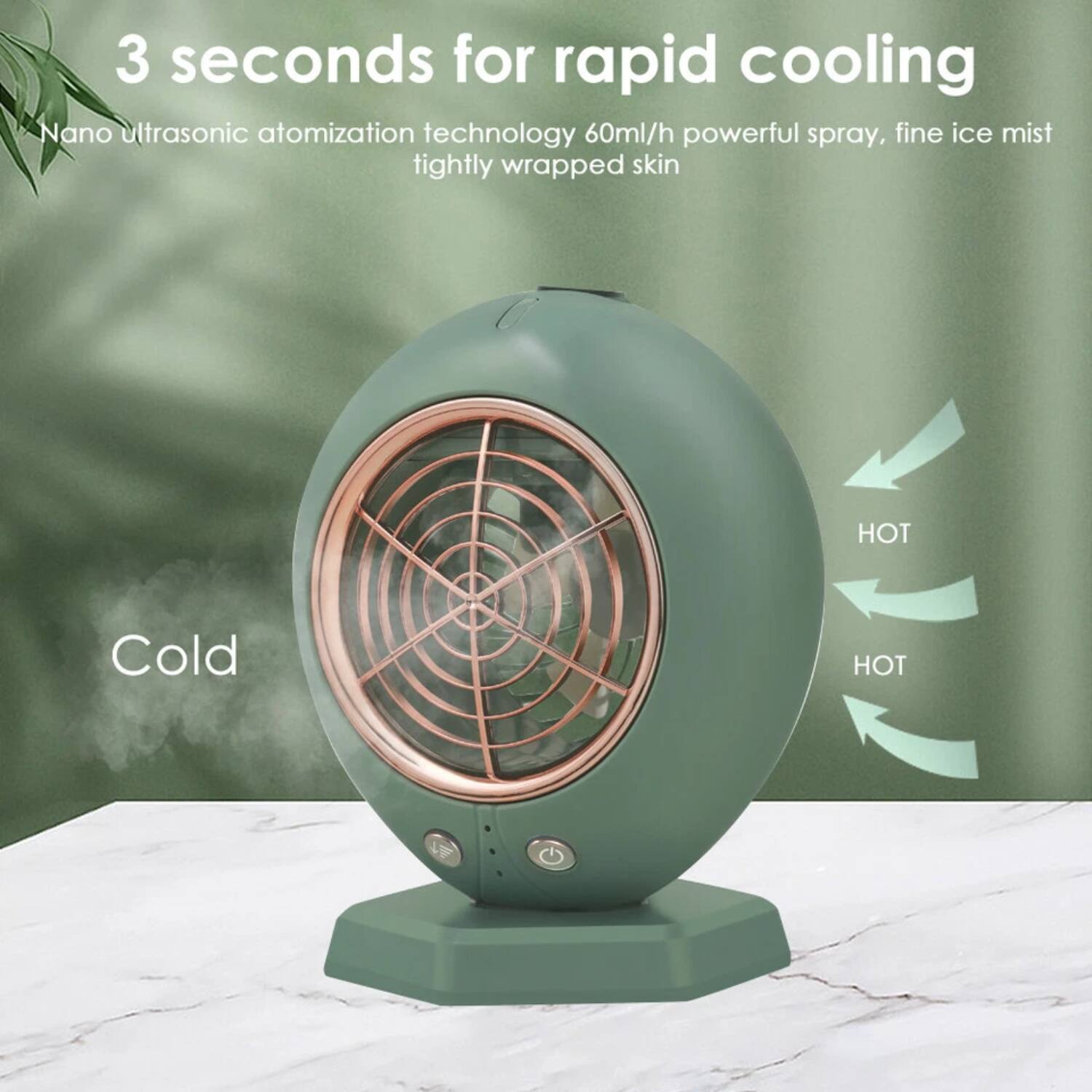 3 seconds for rapid cooling

Nano ultrasonic atomization technology 60ml/h powerful spray, fine ice mist tightly wrapped skin

Cold

HOT

HOT